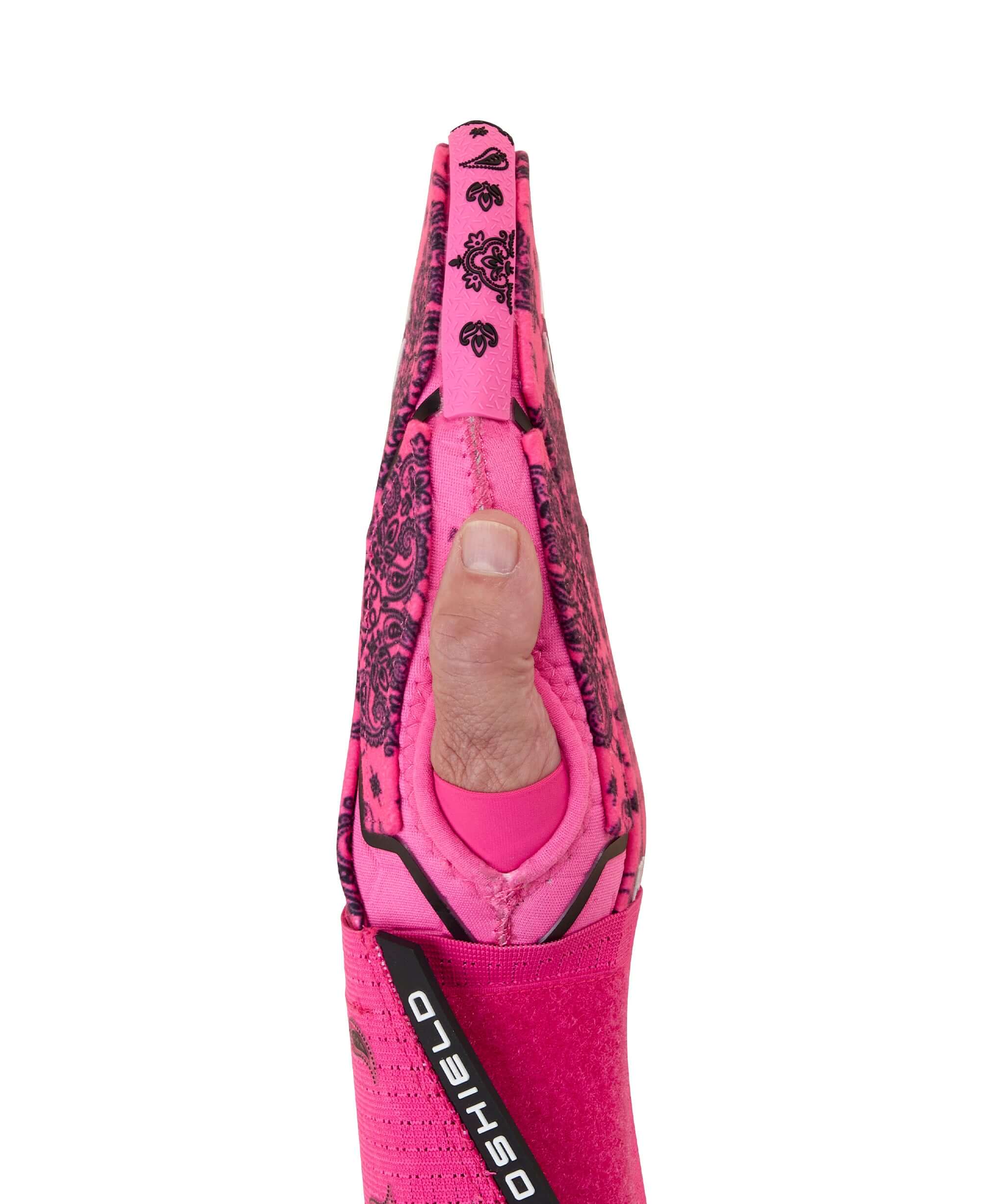 Evoshield X-SRZ Paisley Sliding Mitt 2.0 in pink and black with finger exposure for enhanced grip.
