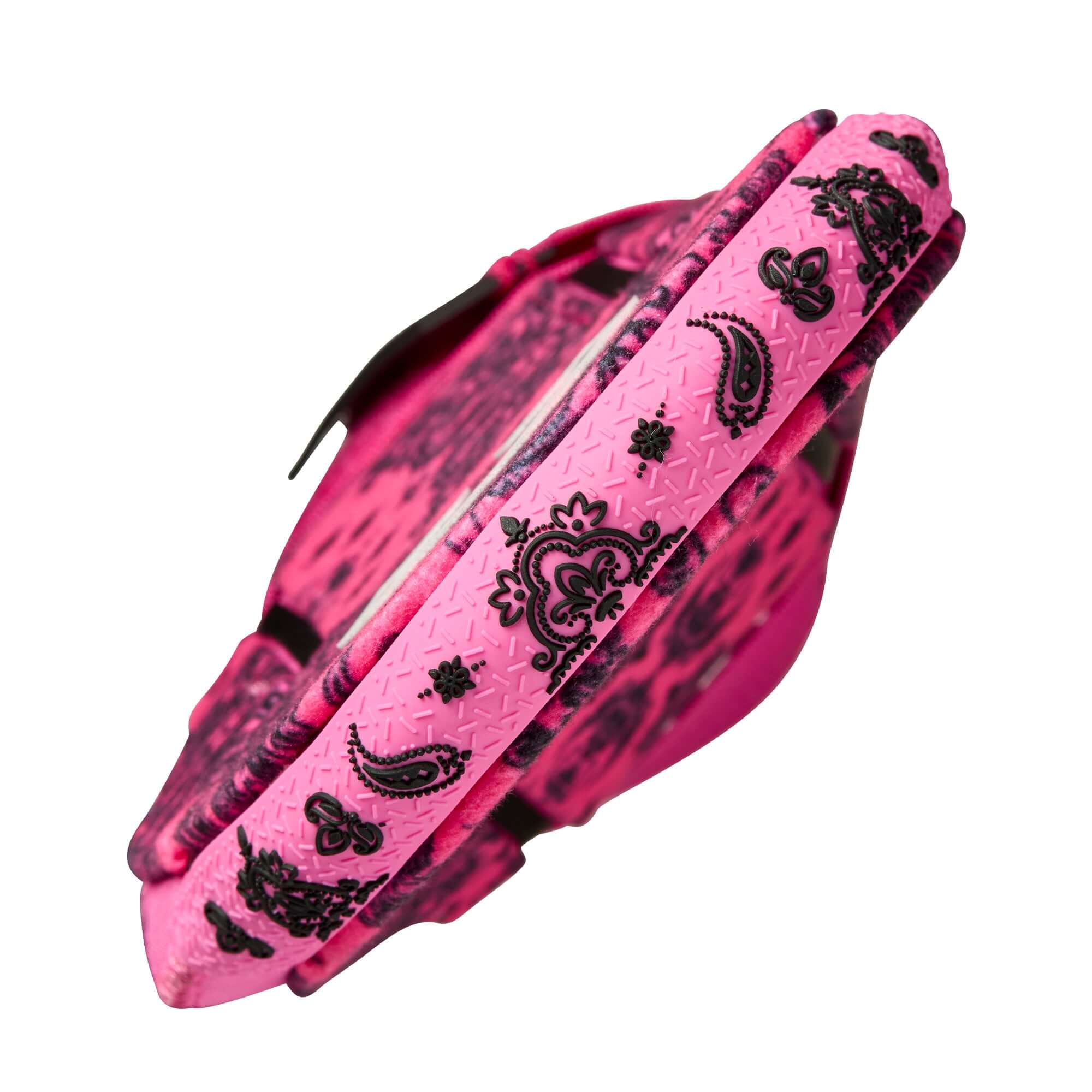 Evoshield X-SRZ Paisley Sliding Mitt 2.0 in pink and black with detailed paisley pattern, top view.