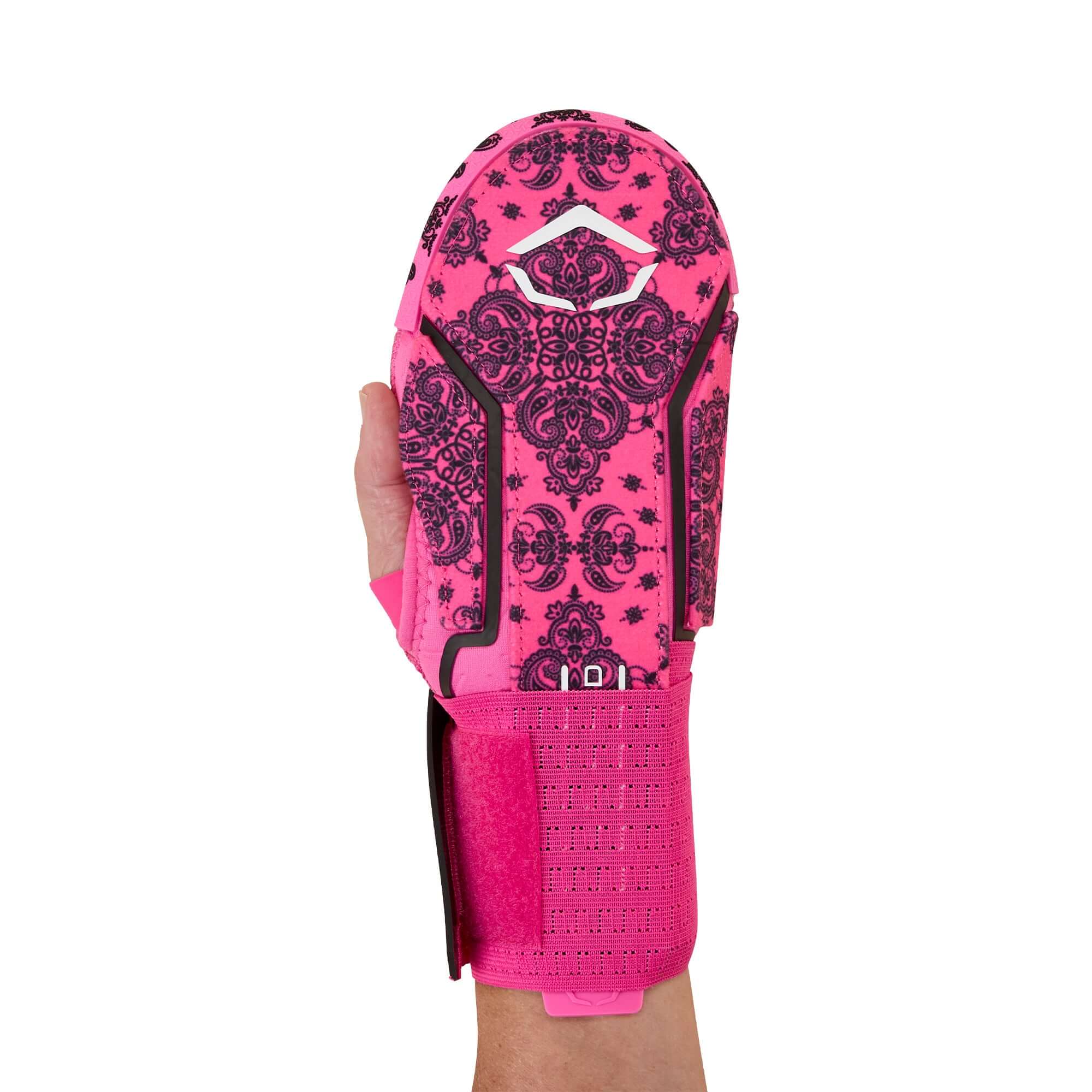 Evoshield X-SRZ Paisley Sliding Mitt 2.0 in pink and black, showing detailed print design, ideal for athletes.