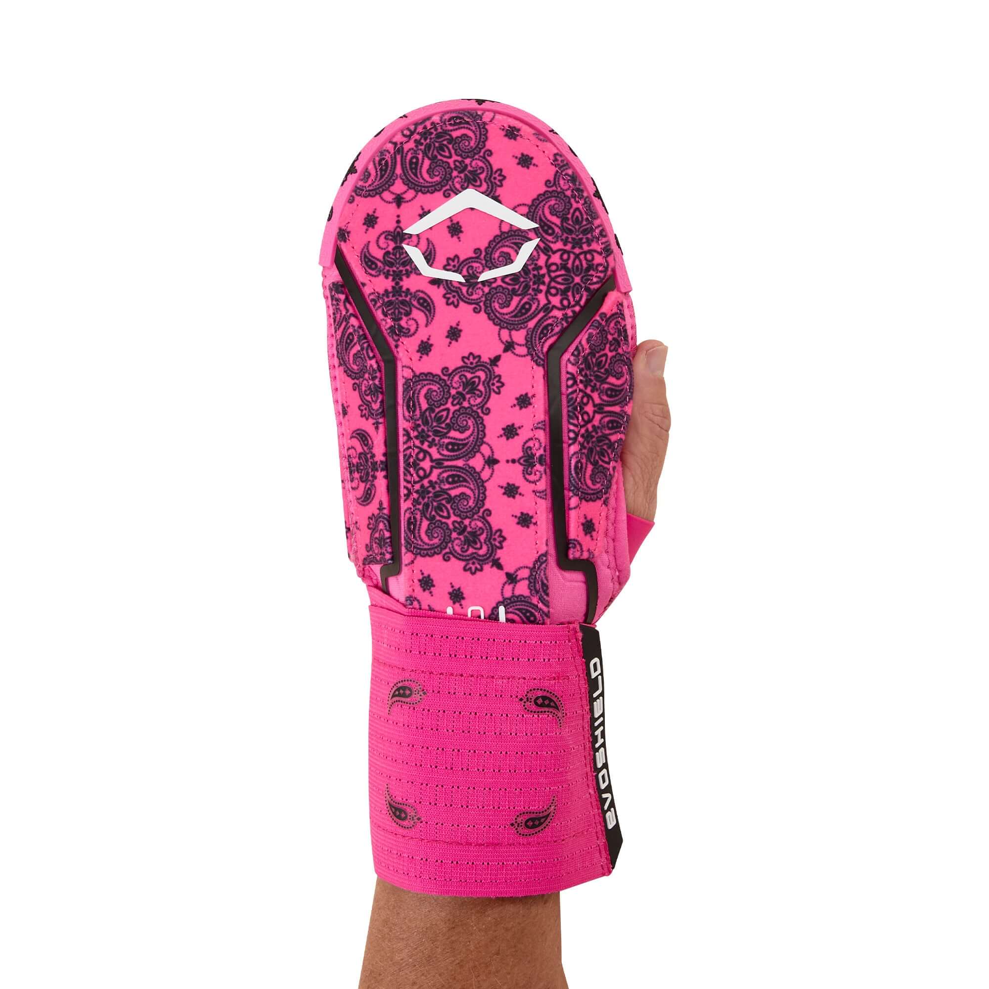 Evoshield X-SRZ Paisley Sliding Mitt 2.0 in pink and black, featuring stylish design and secure wrist support.