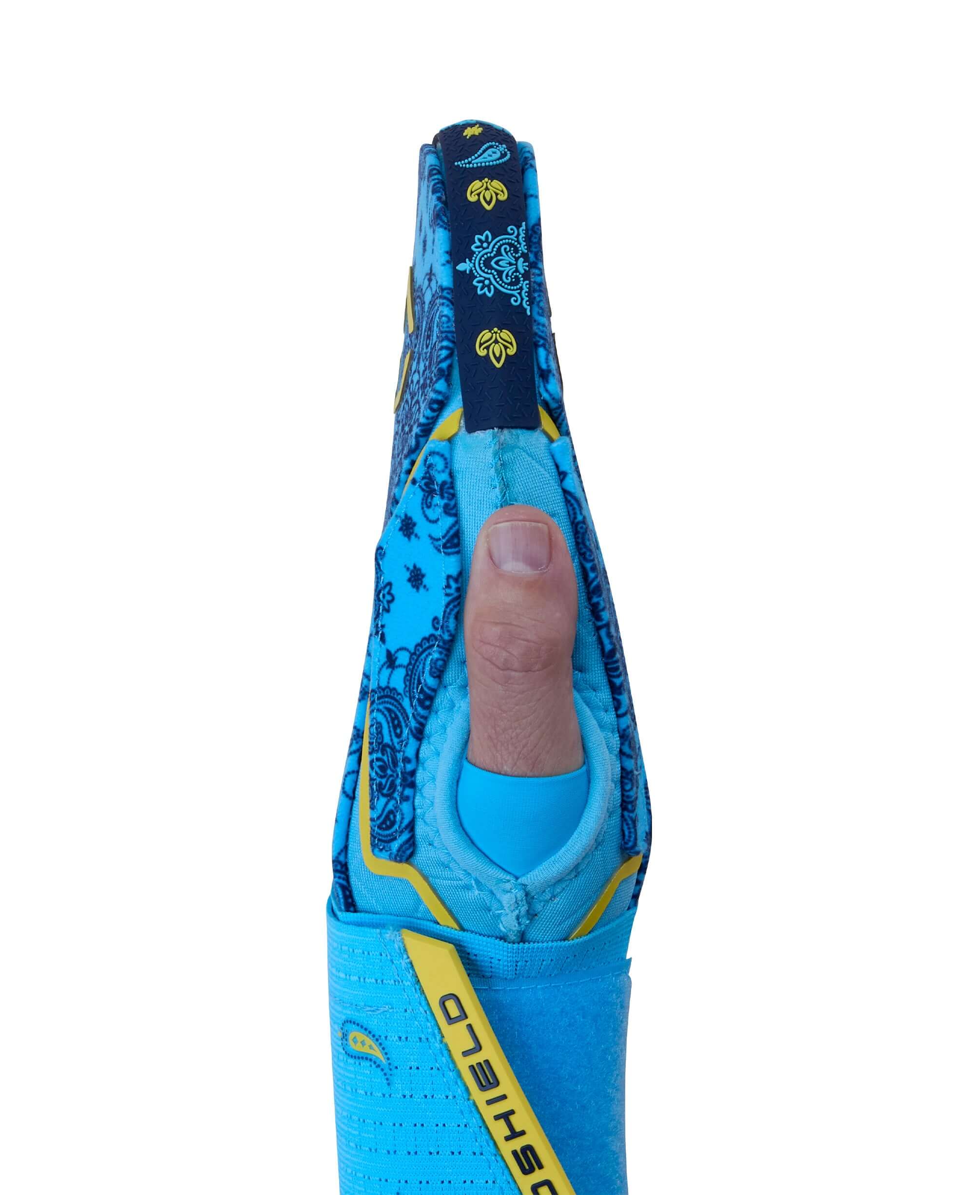 Evoshield X-SRZ Paisley Sliding Mitt 2.0 showing Victory/Navy/Volt design with detailed texture and thumb position.