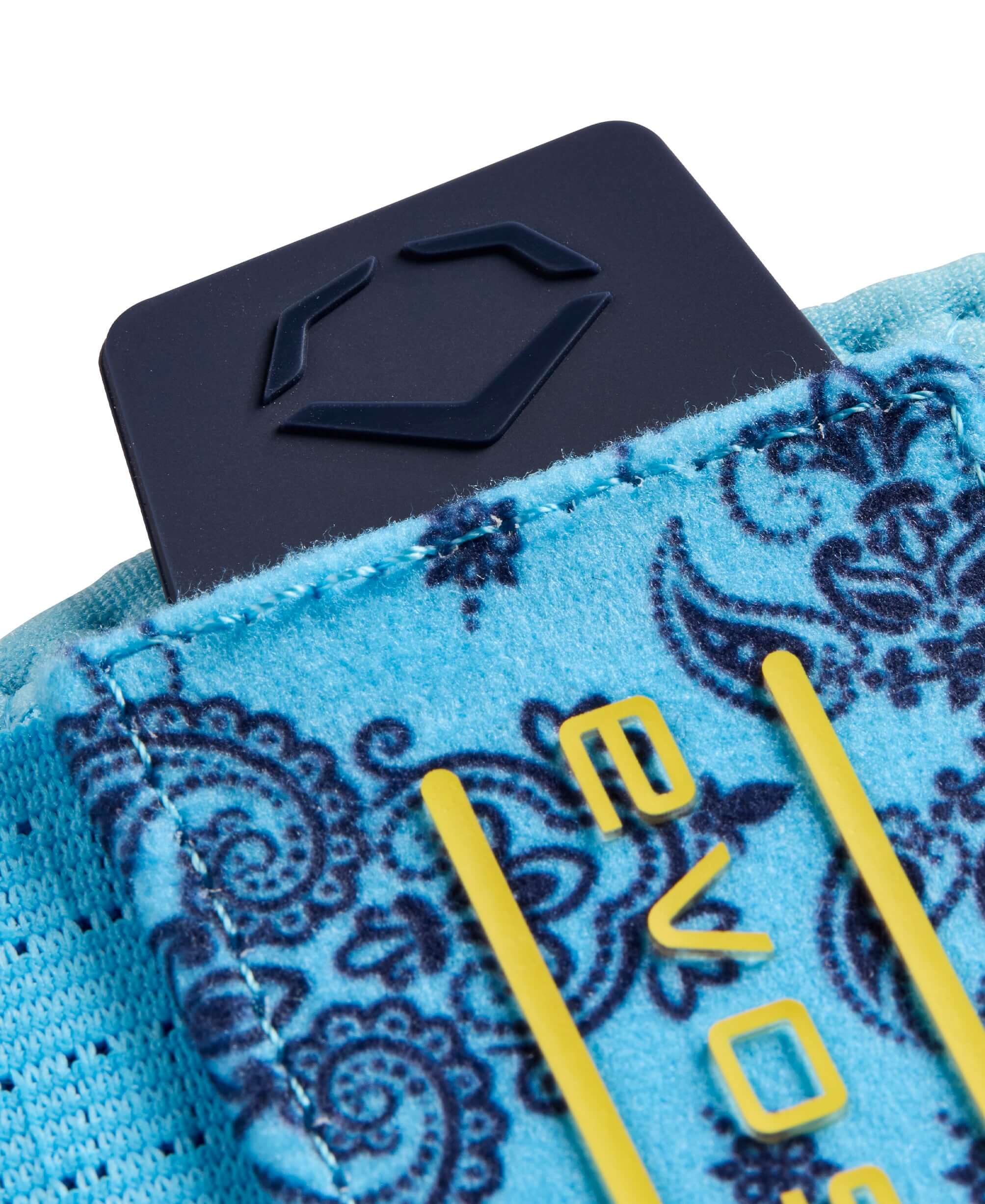 Close-up of Evoshield X-SRZ Paisley Sliding Mitt 2.0 showing vibrant blue and navy paisley design with logo.