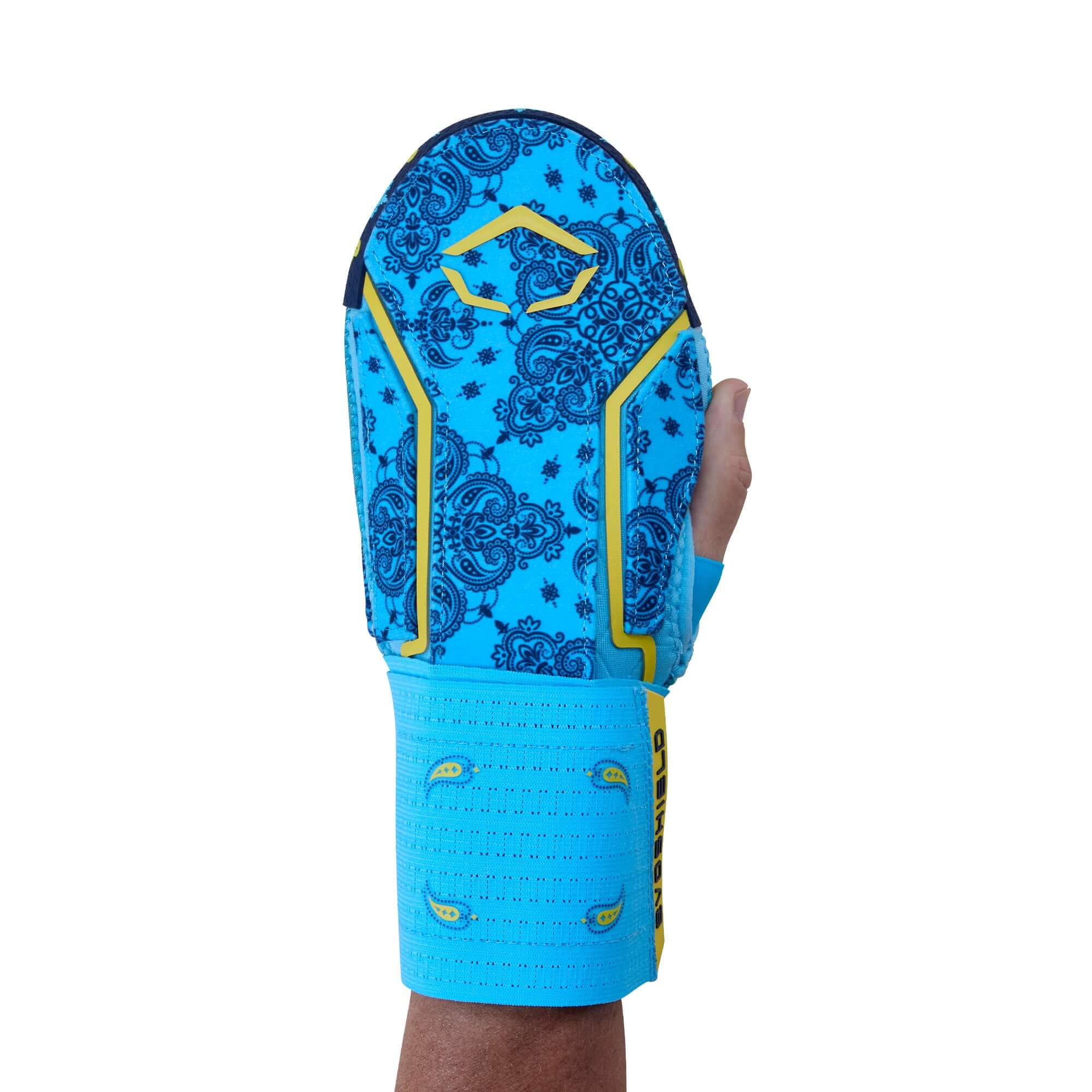 Evoshield X-SRZ Paisley Sliding Mitt 2.0 in Victory/Navy/Volt, showcasing unique paisley design and vibrant colors.