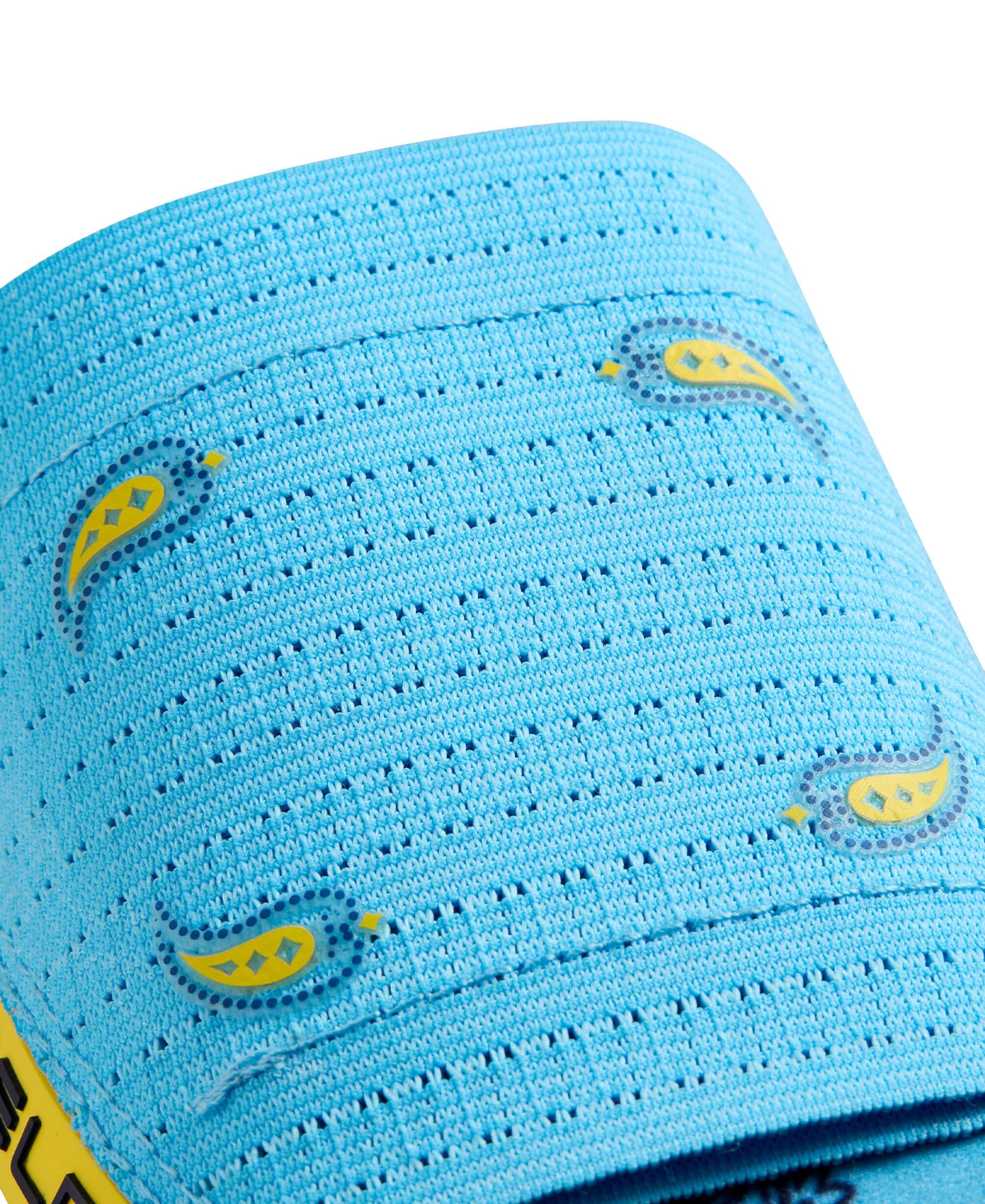 Close-up of Evoshield X-SRZ Paisley Sliding Mitt 2.0, featuring vibrant blue fabric with paisley patterns.