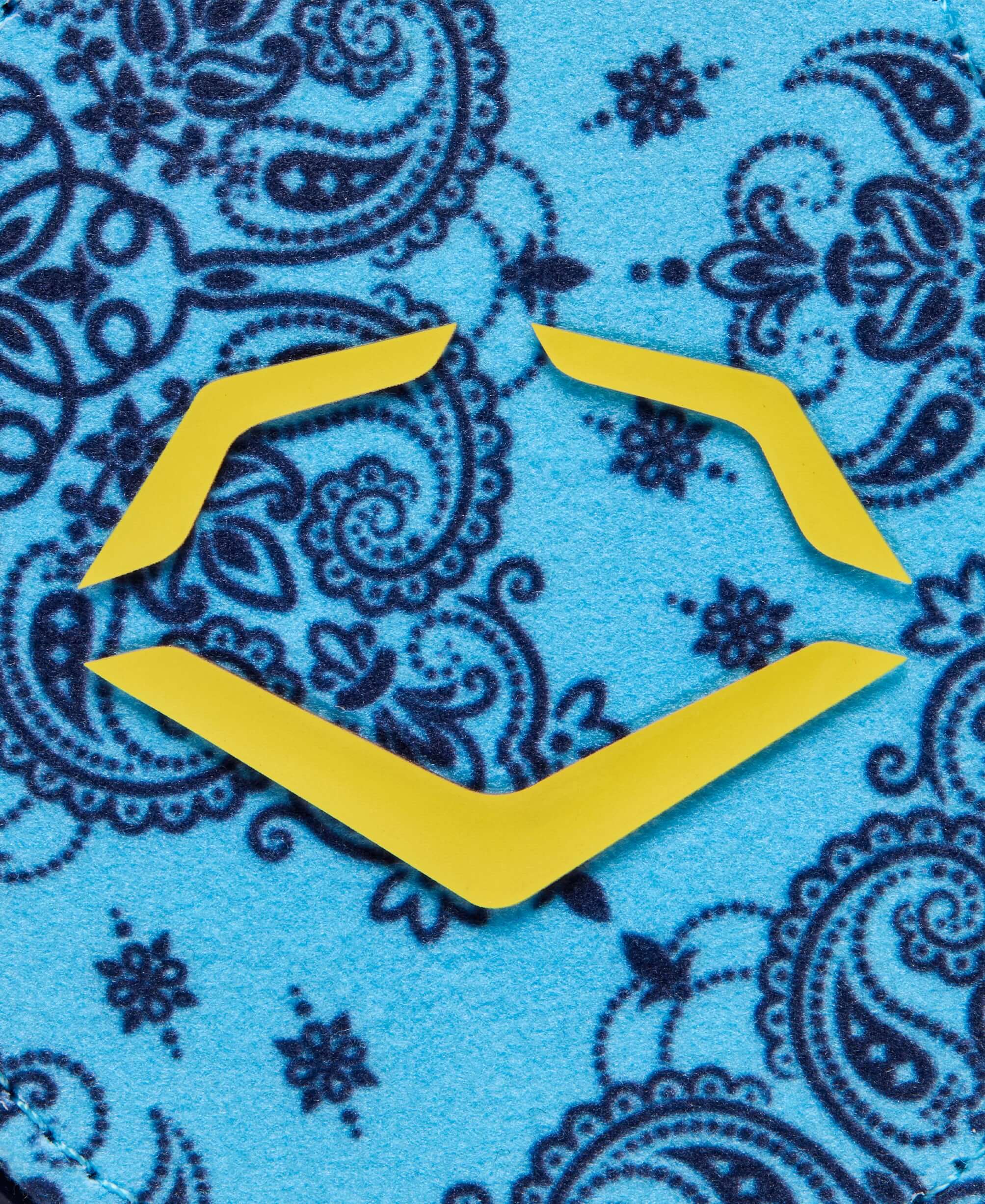 Close-up of Evoshield X-SRZ Paisley Sliding Mitt 2.0 featuring Victory/Navy/Volt design with blue paisley pattern.