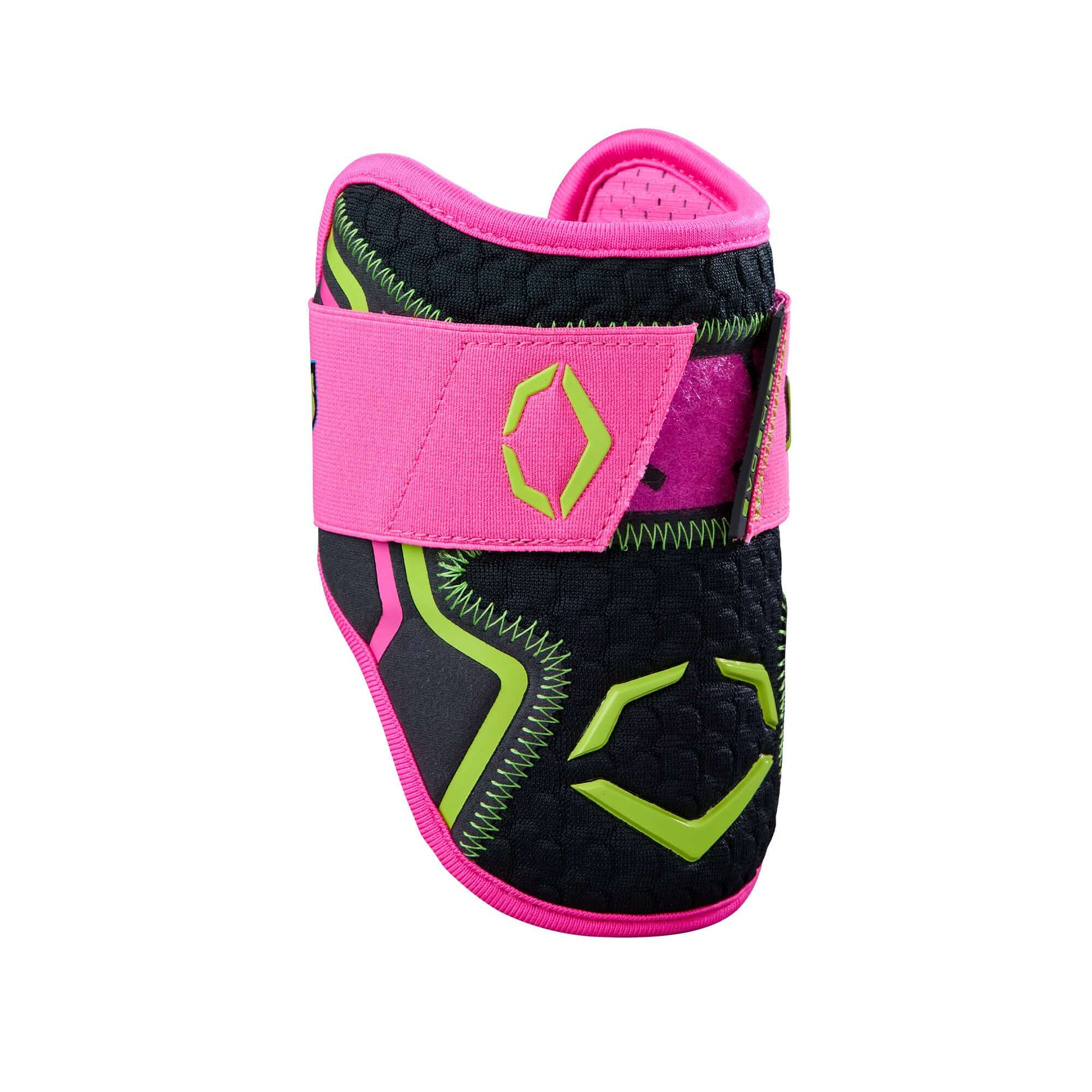 Evoshield X-SRZ Party Animals Elbow Guard in black and pink with neon green accents for batters.
