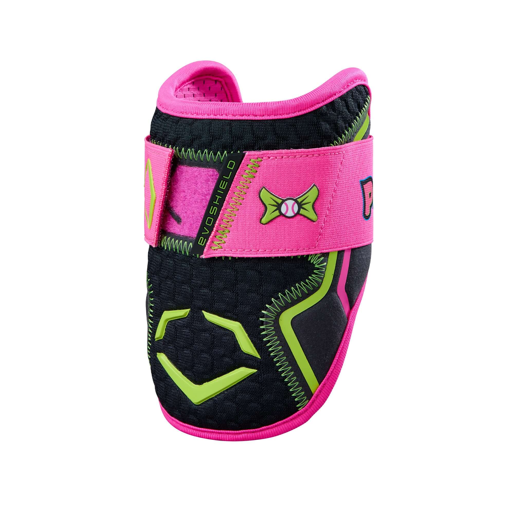 Evoshield X-SRZ Party Animals Elbow Guard in black and pink with neon green accents, featuring Gel-to-Shell technology.