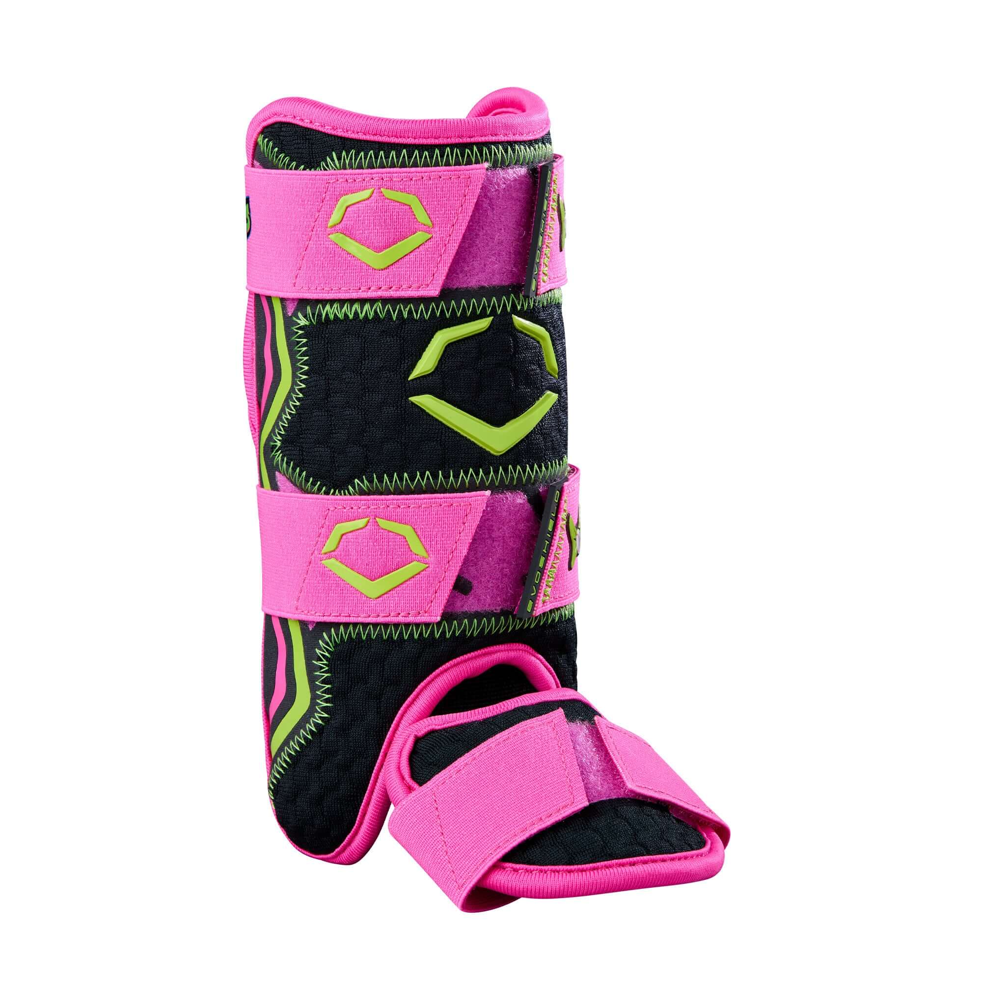 Evoshield X-SRZ Party Animals Leg Guard in Black and Pink with Gel-to-Shell Technology for youth batters.