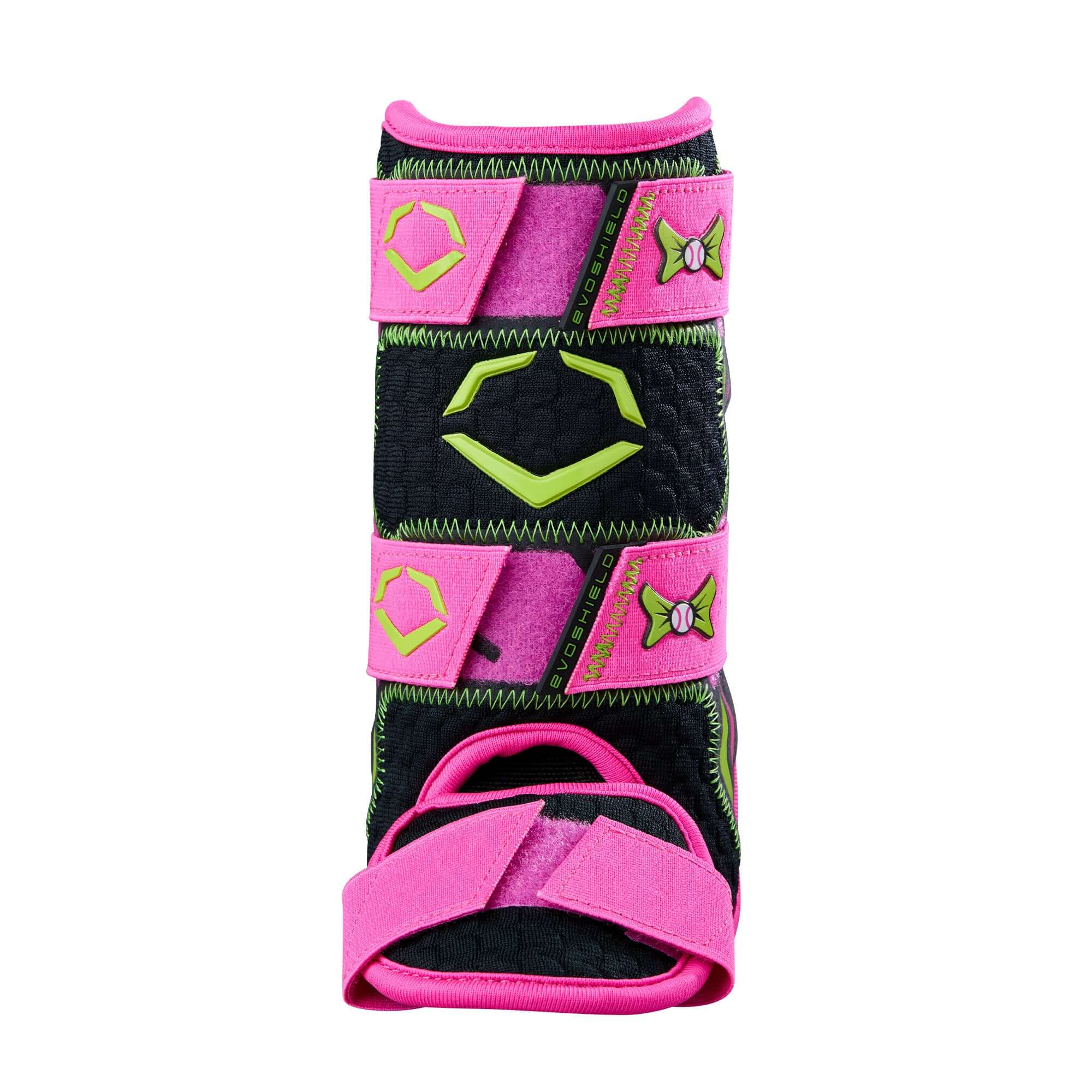 Evoshield X-SRZ Party Animals Leg Guard in Black and Pink with Neon Green accents for youth baseball players.