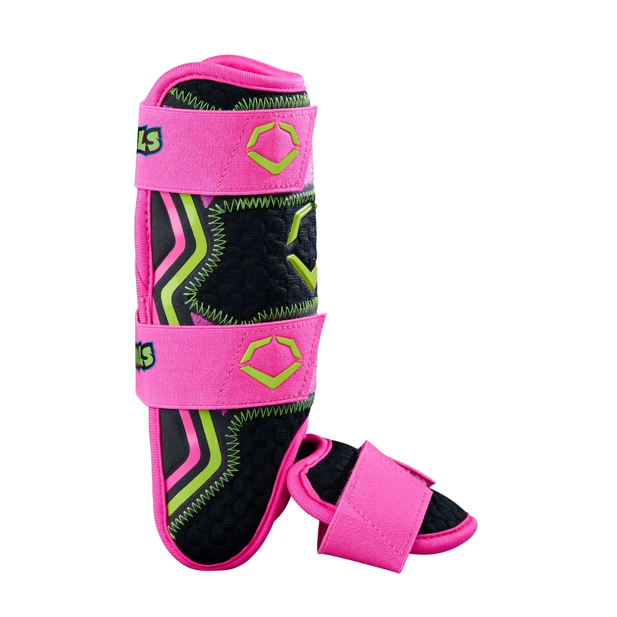 EvoShield X-SRZ Party Animals Leg Guard in Black, Pink, and Neon Green for youth batting protection.