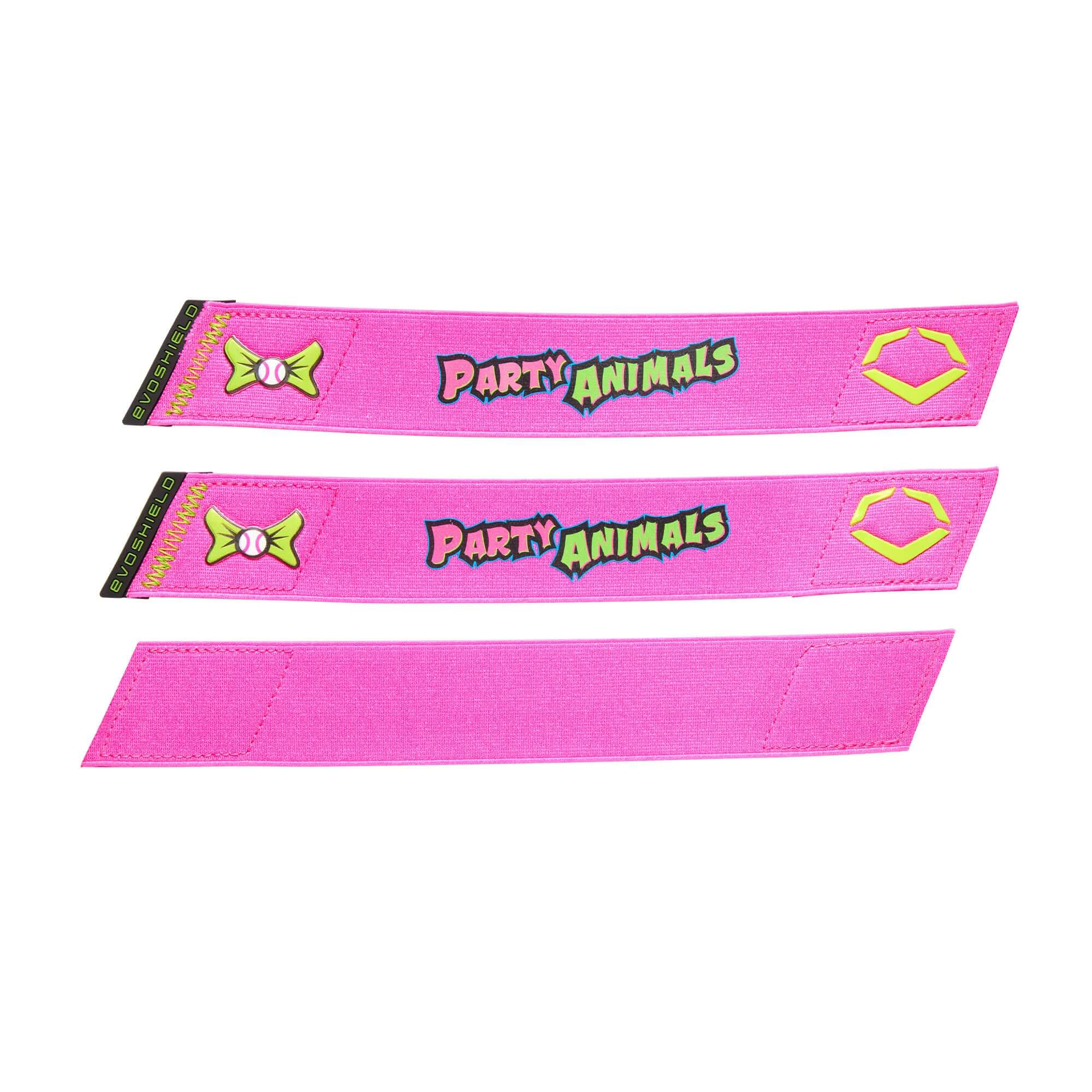 Pink Party Animals straps featuring logo and graphic designs for EvoShield leg guards.