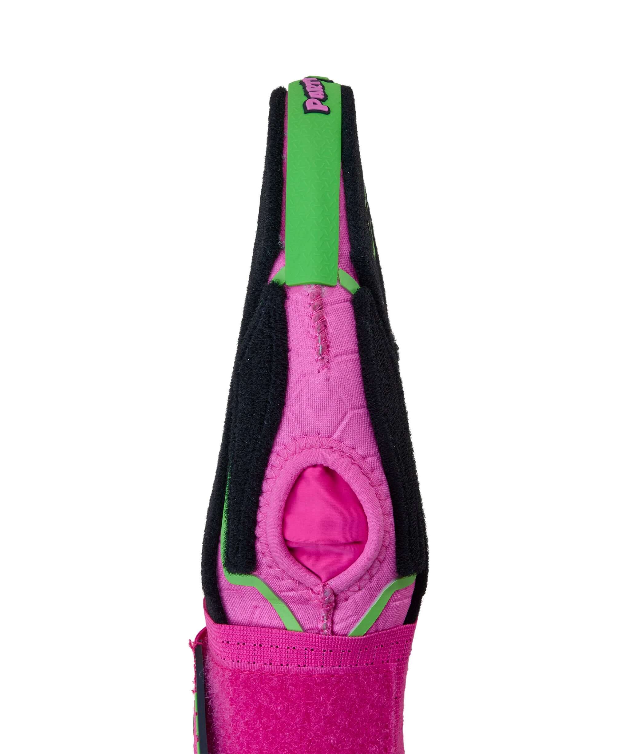 Close-up view of the Evoshield X-SRZ Party Animals Sliding Mitt in black, pink, and neon green.