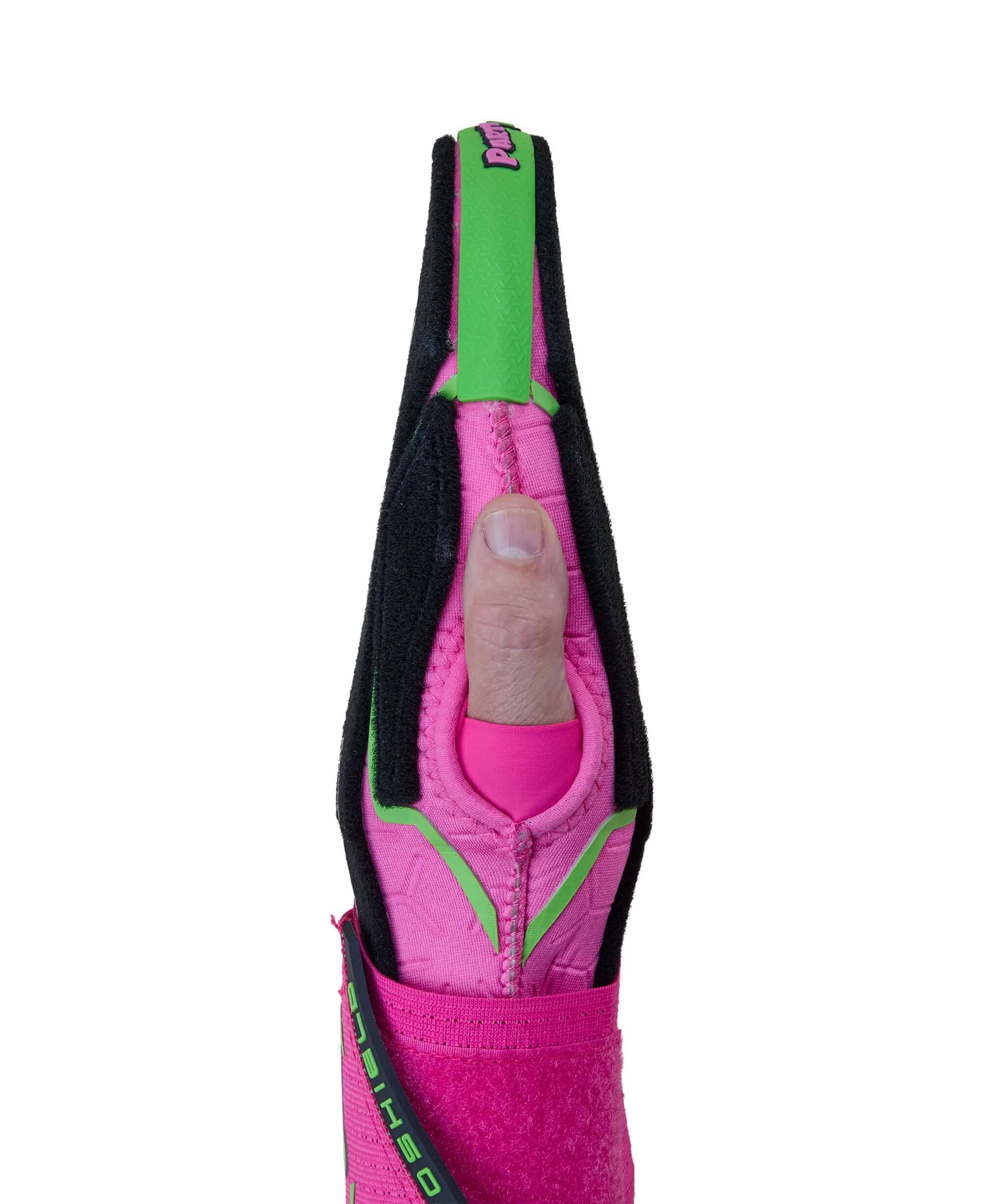 Evoshield X-SRZ Party Animals Sliding Mitt in black, pink, and neon green with a hand inside.