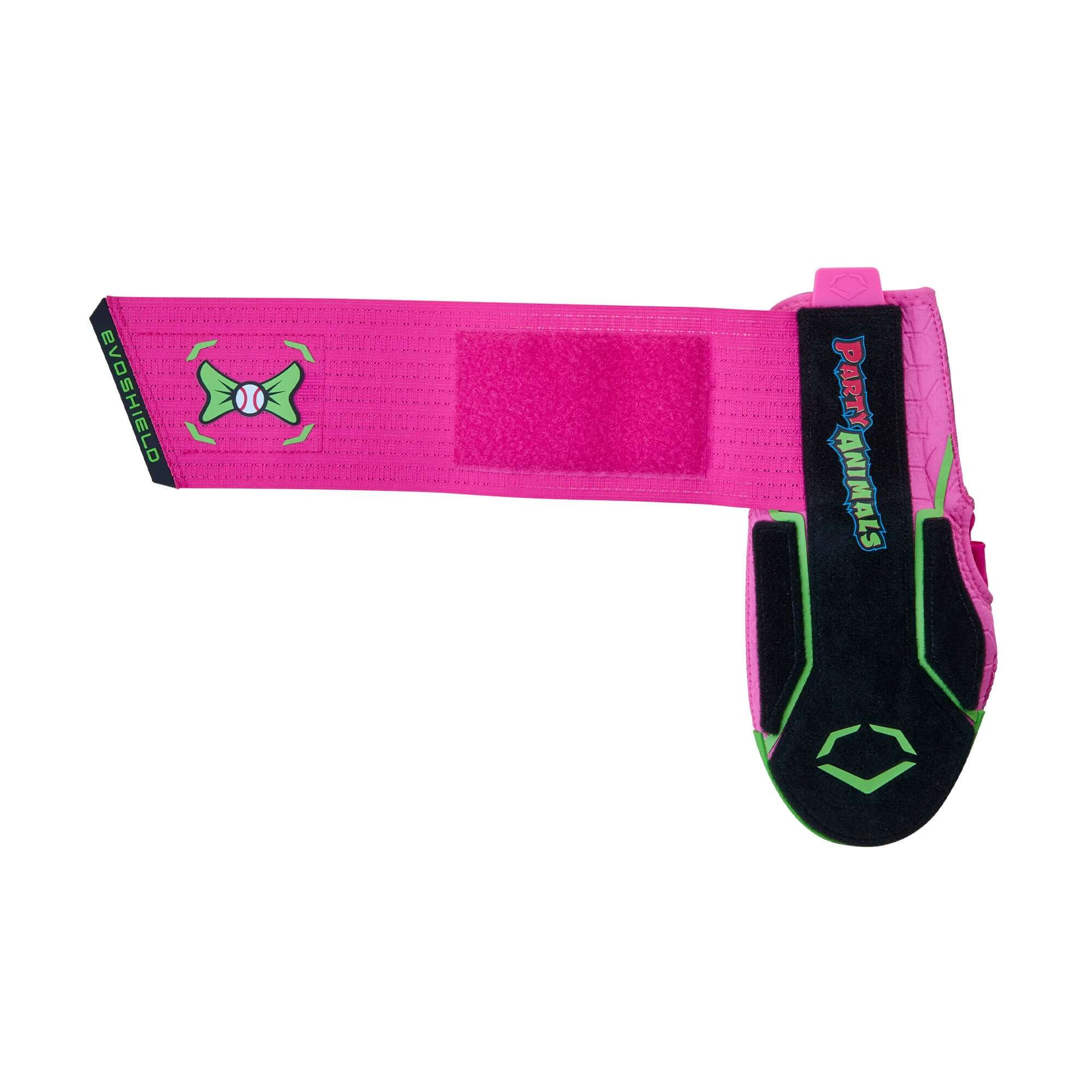 Evoshield X-SRZ Party Animals Sliding Mitt in Black, Pink, and Neon Green with logos for protection on base paths.
