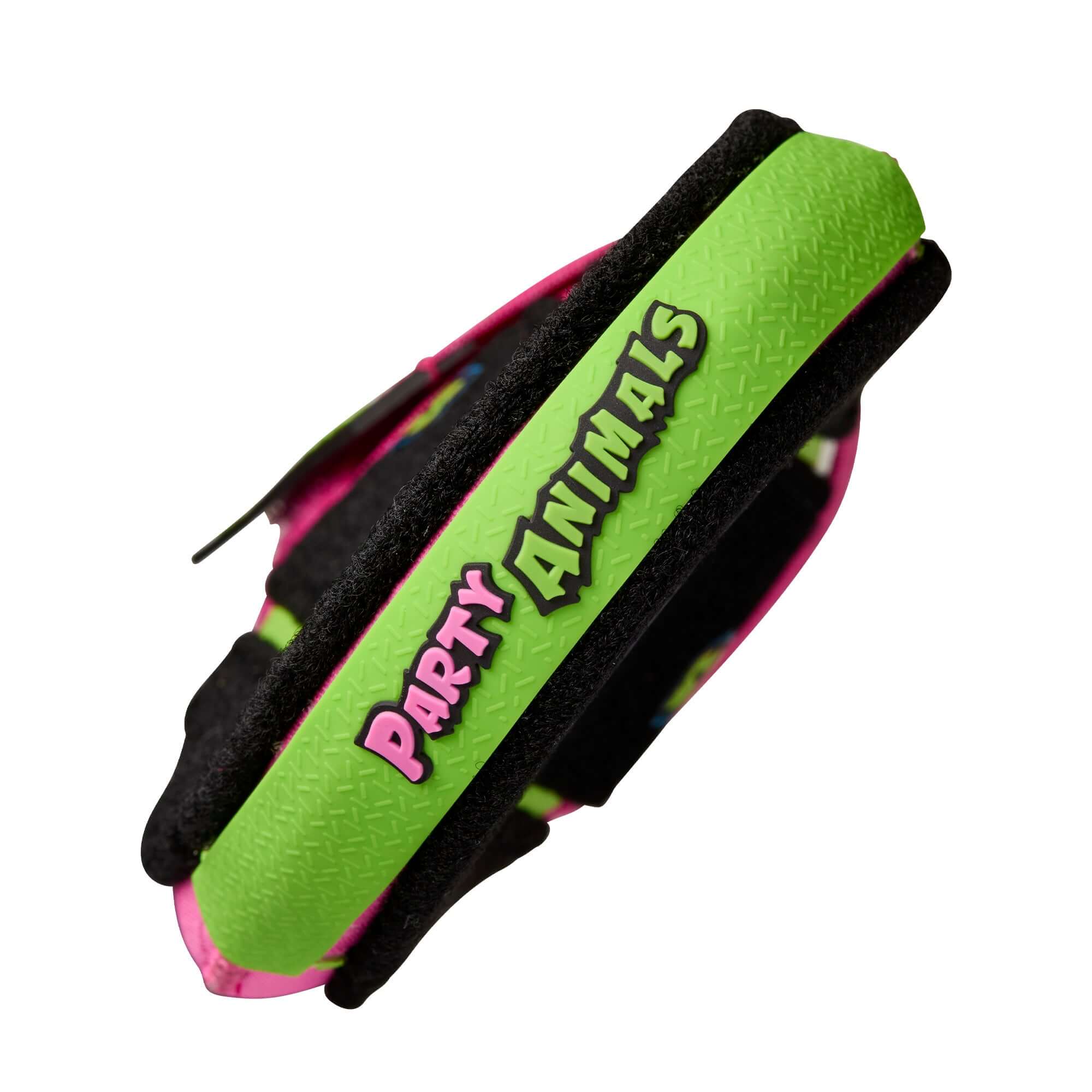 Close-up of the Evoshield X-SRZ Party Animals Sliding Mitt in Black, Pink, and Neon Green.