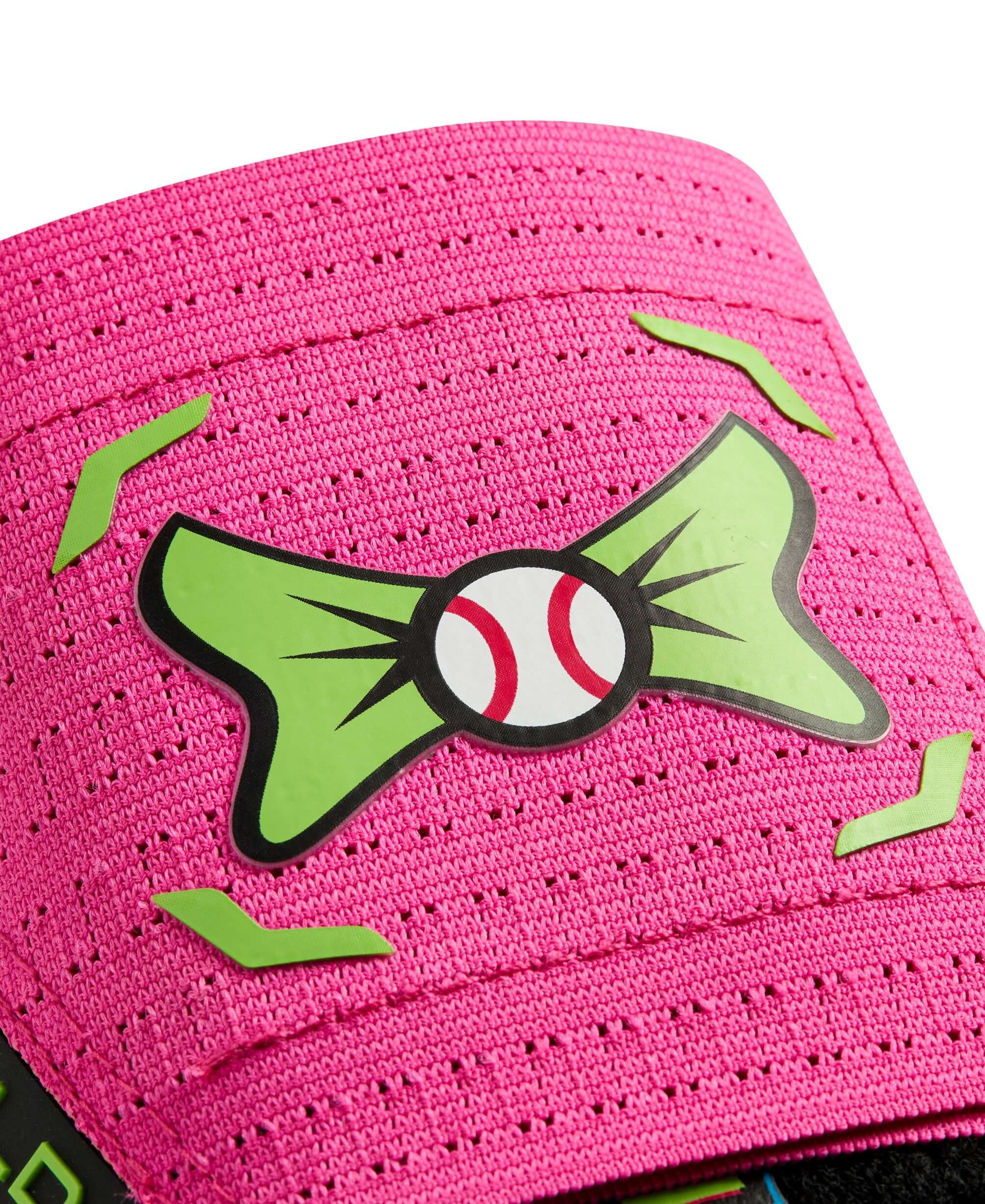 Close-up of the pink Evoshield X-SRZ Party Animals Sliding Mitt featuring a green bow and baseball logo.