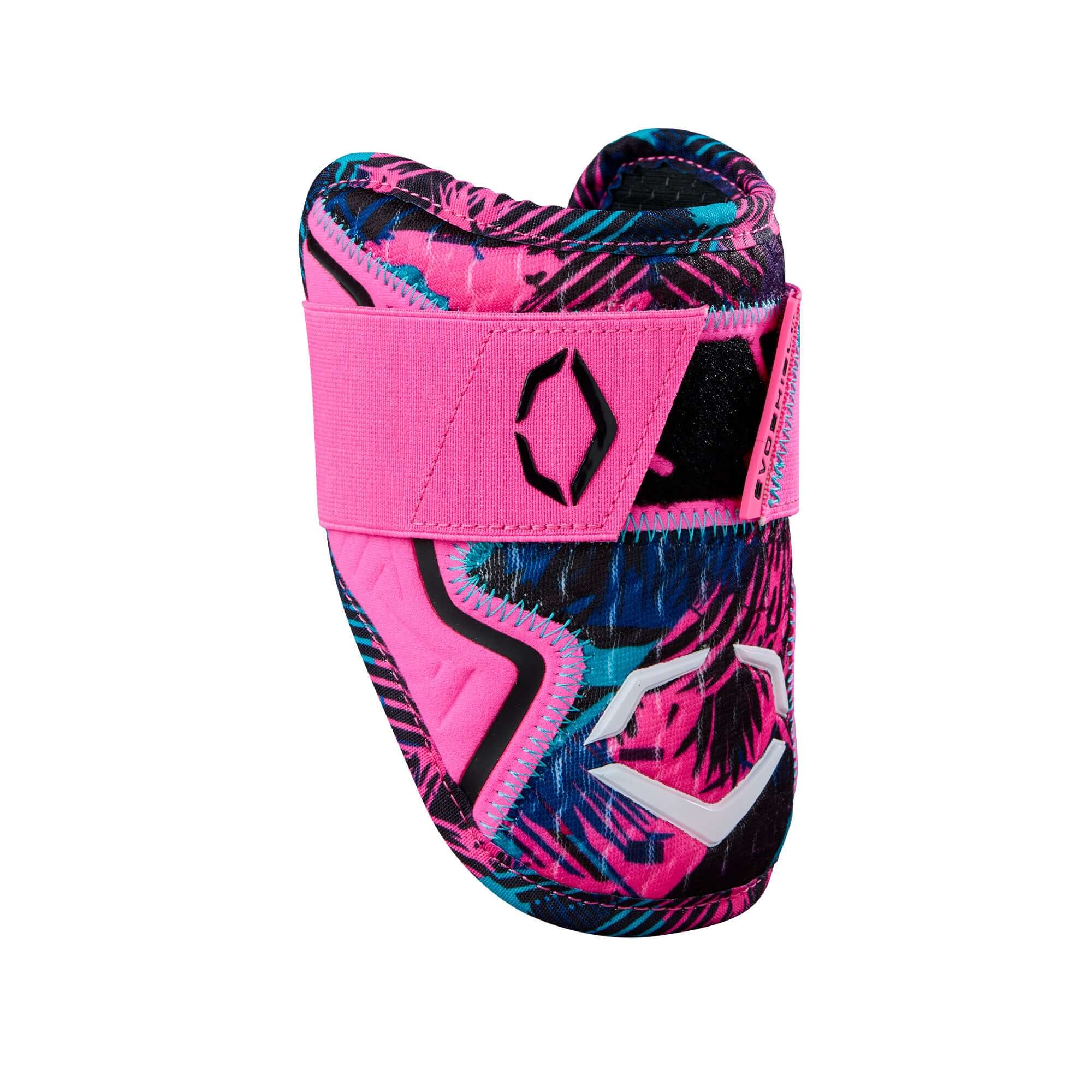 Front view of Evoshield X-SRZ Miami Vice Elbow Guard, Black/Pink/Victory color