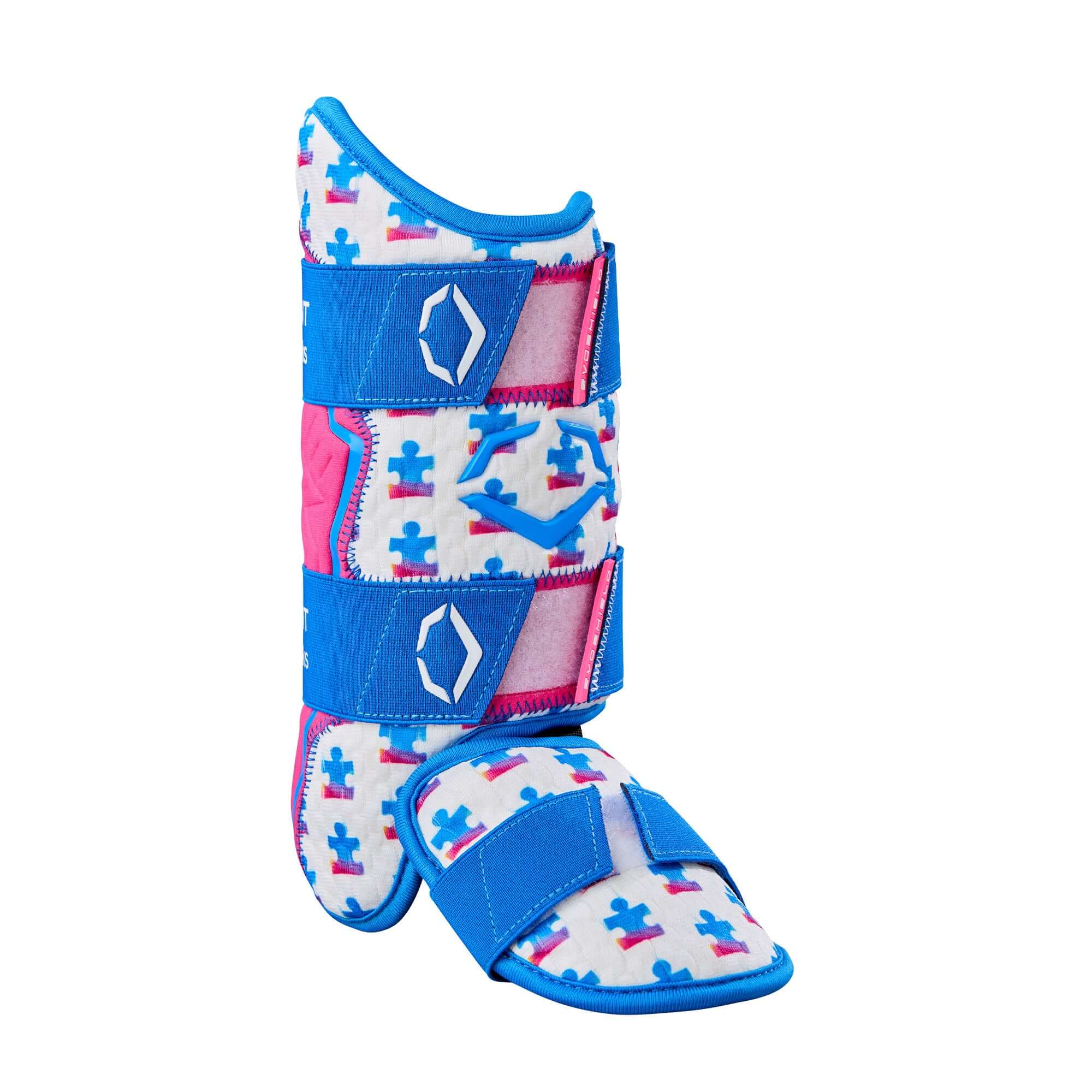 Evoshield X-SRZ Love the Moment Batter's Leg Guard in white, royal, and scarlet with puzzle pattern design.