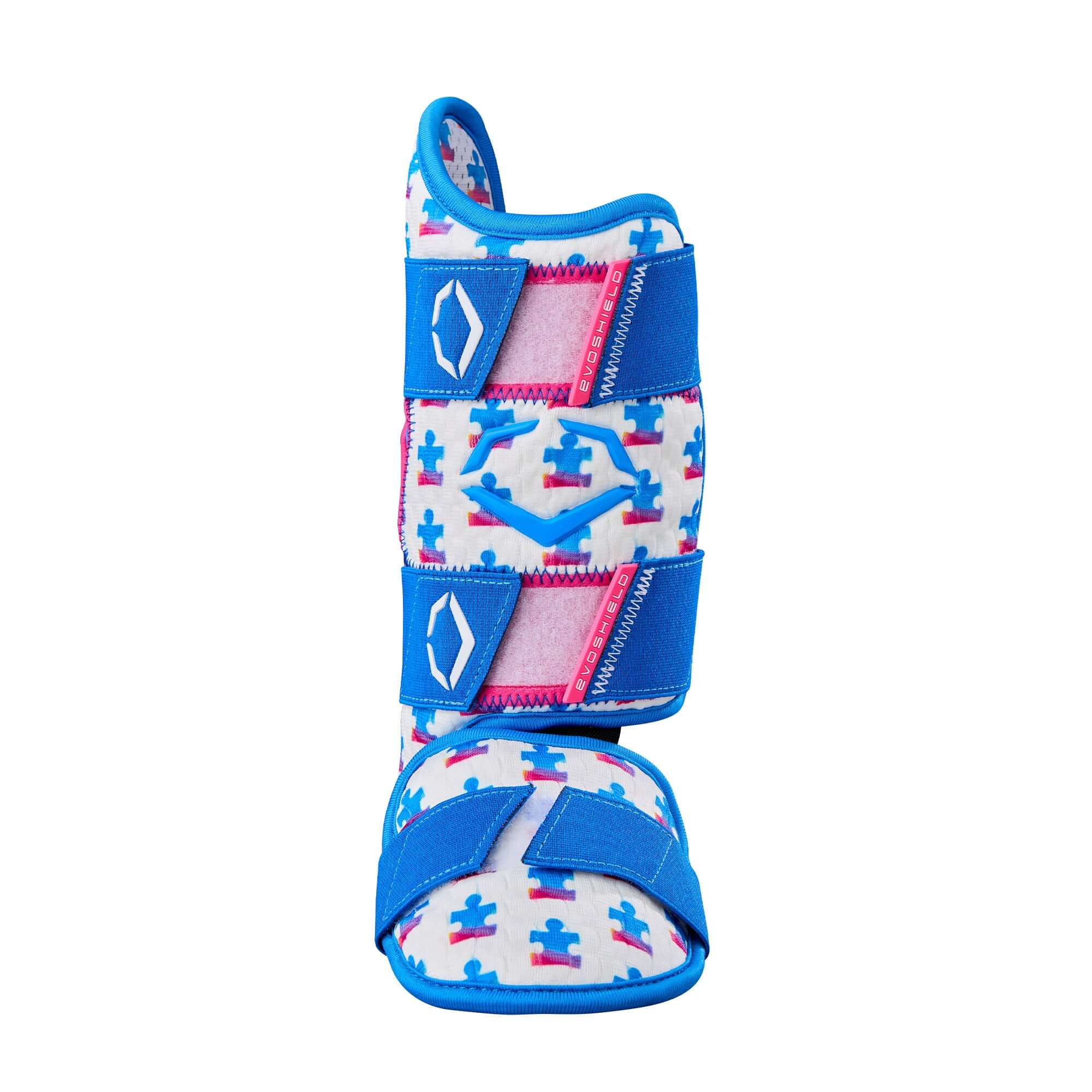 Evoshield X-SRZ Love the Moment Batter's Leg Guard in white, royal, and scarlet, featuring Gel-to-Shell technology for protection.