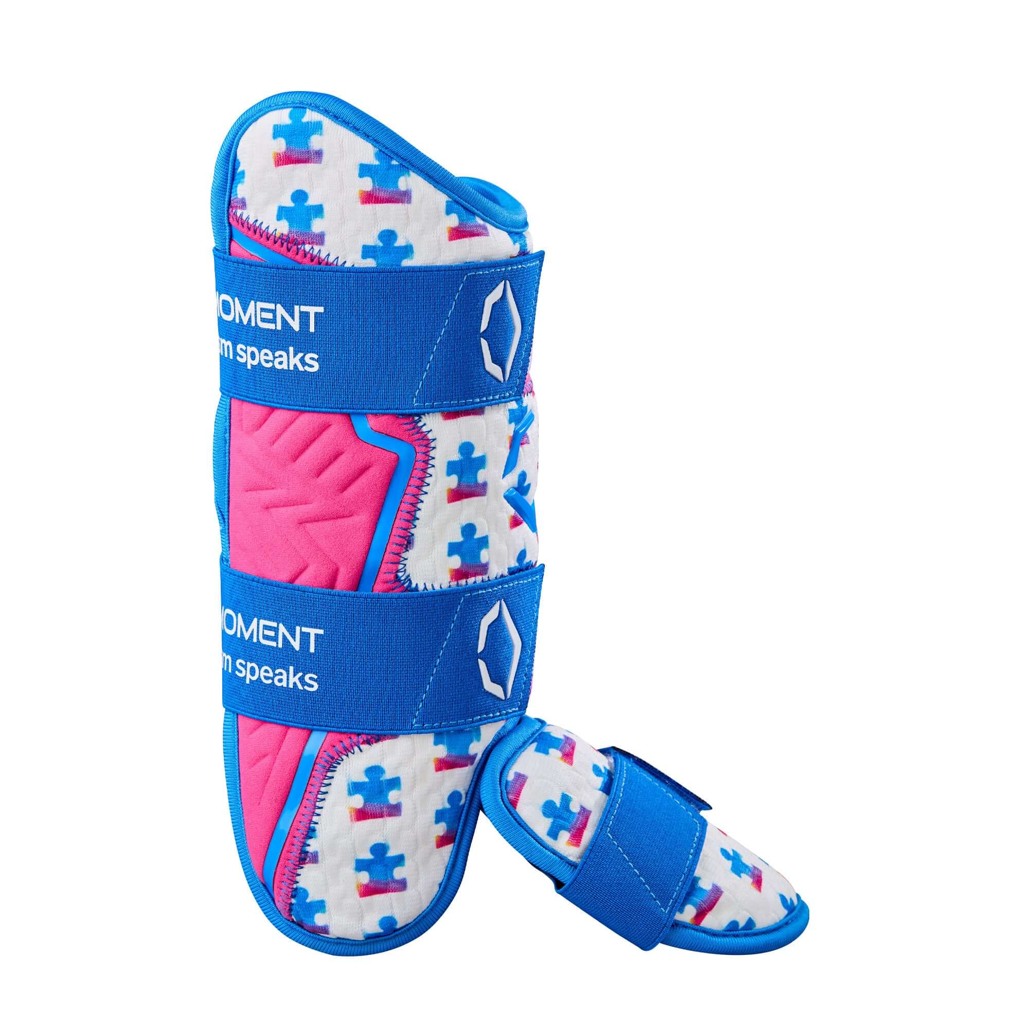 Evoshield X-SRZ Love the Moment Batter's Leg Guard in white, royal, and scarlet with puzzle design.