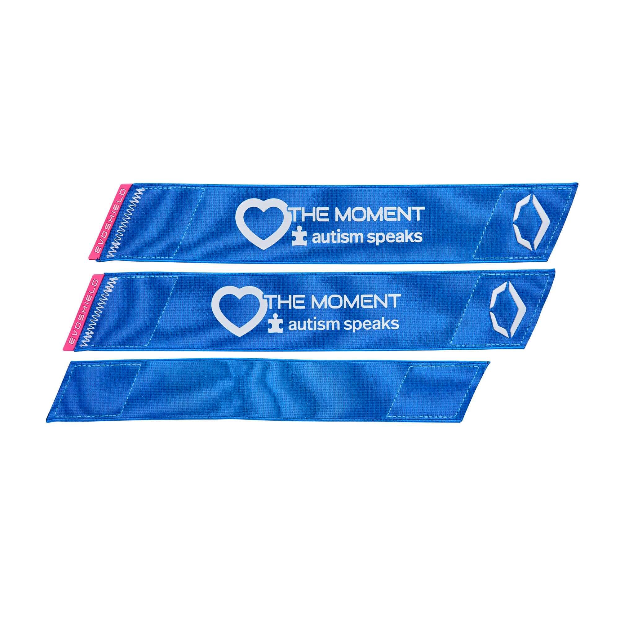 Blue straps featuring 'Love the Moment' and 'autism speaks' graphics for awareness and inclusion.