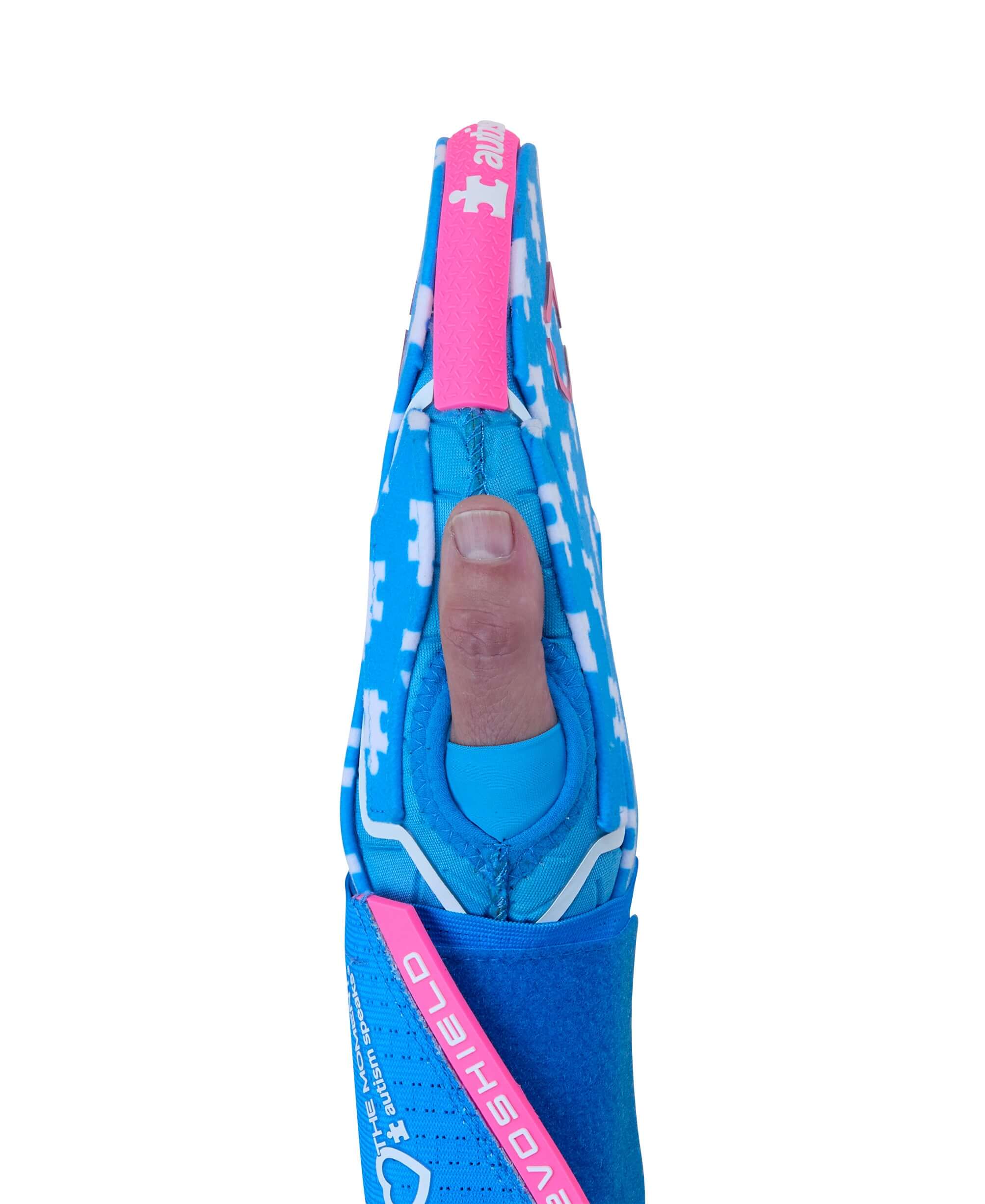 Evoshield X-SRZ Love the Moment Sliding Mitt 2.0 showcasing vibrant blue and pink design, highlighting Autism Speaks theme.