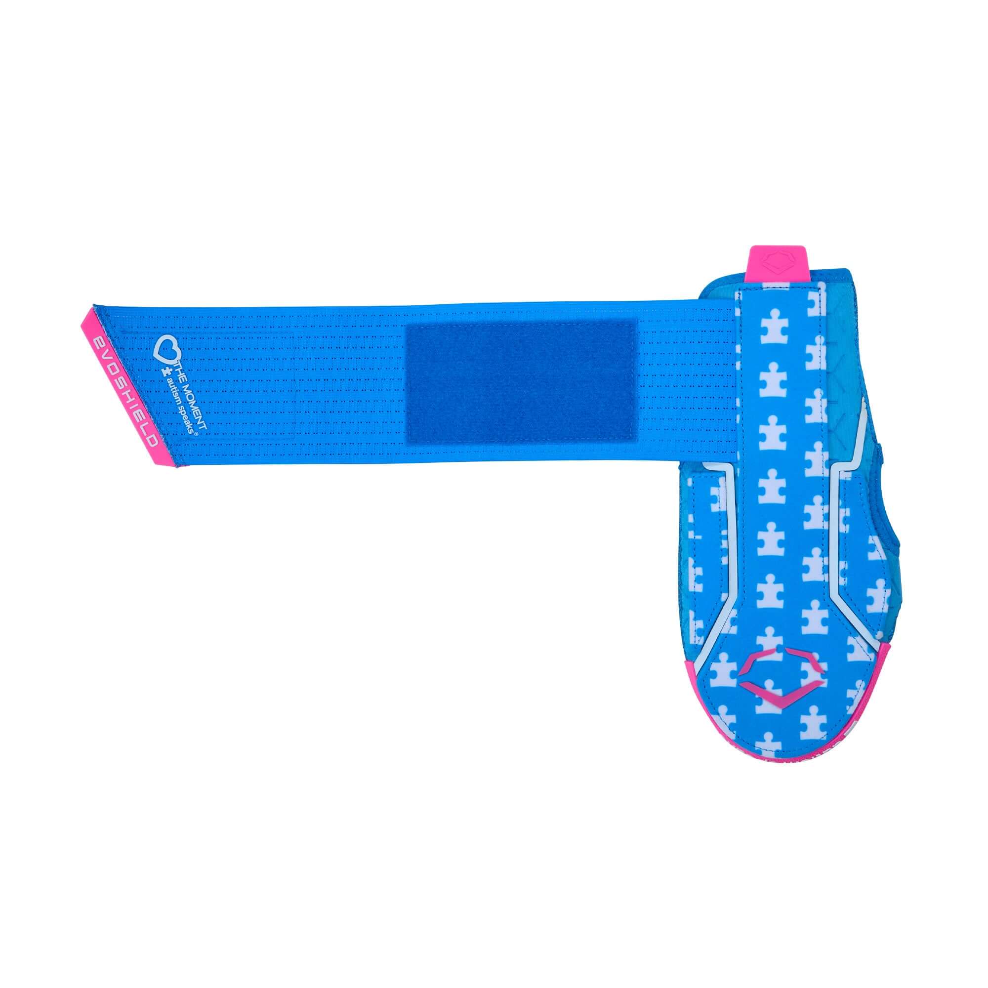 Evoshield X-SRZ Love the Moment Sliding Mitt 2.0 in white, royal, and pink with blue elastic strap and puzzle pattern.