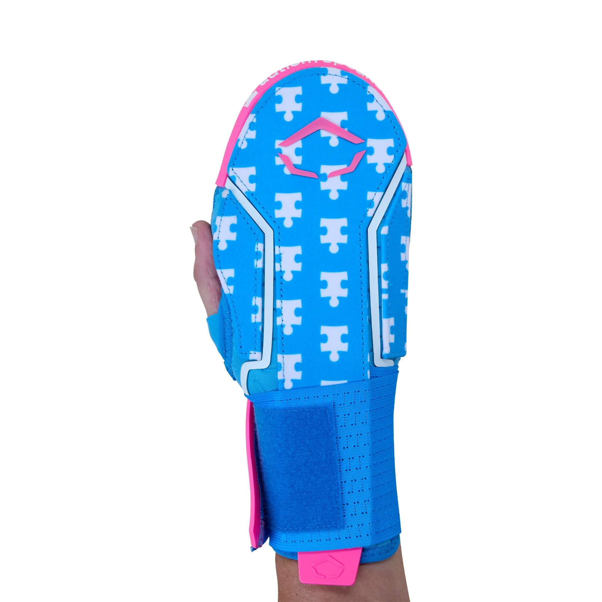 Evoshield X-SRZ Love the Moment Sliding Mitt 2.0 in blue and pink with Autism Speaks design and elastic strap.