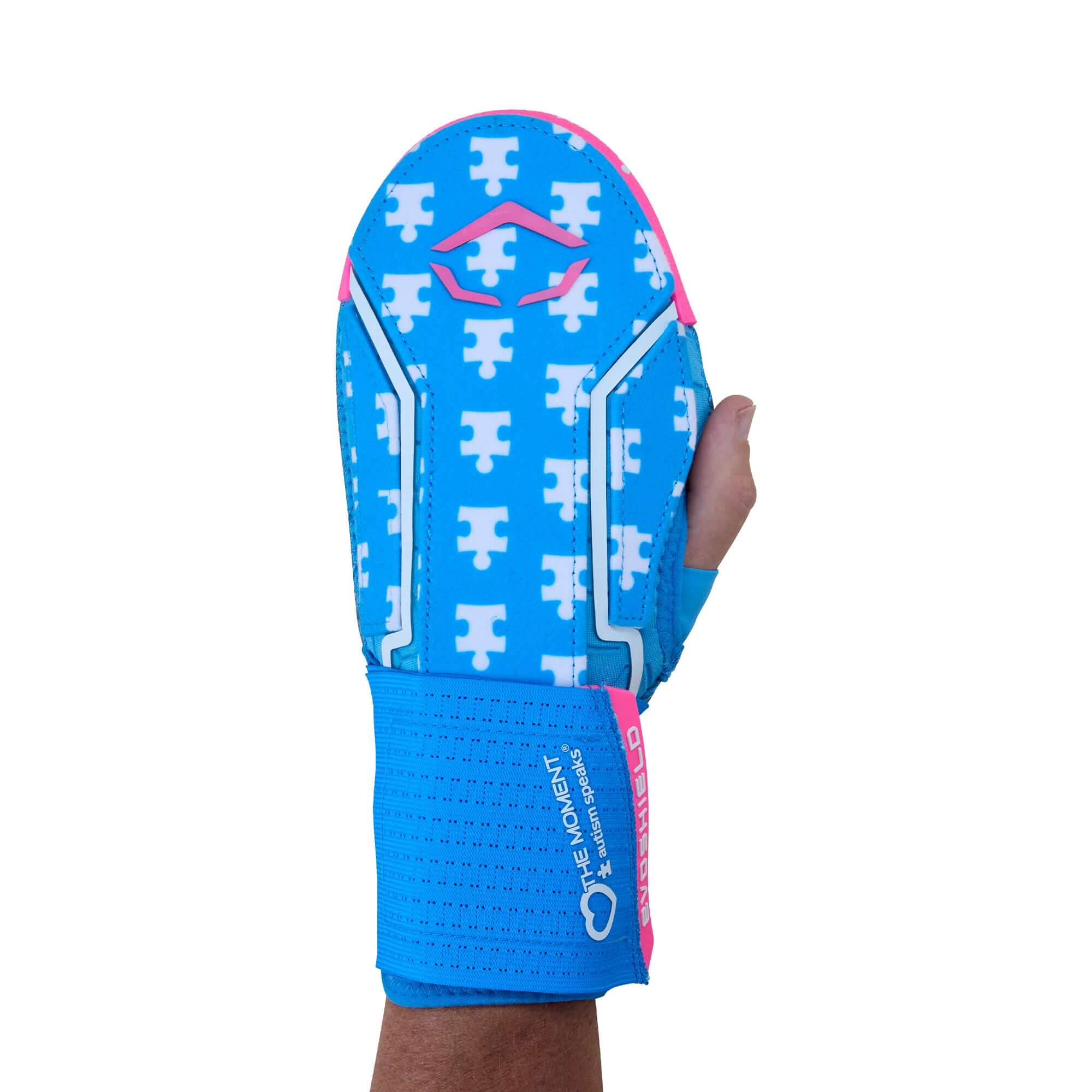 EvoShield X-SRZ Love the Moment Sliding Mitt 2.0 in blue, featuring Autism Speaks logos for acceptance and inclusion.