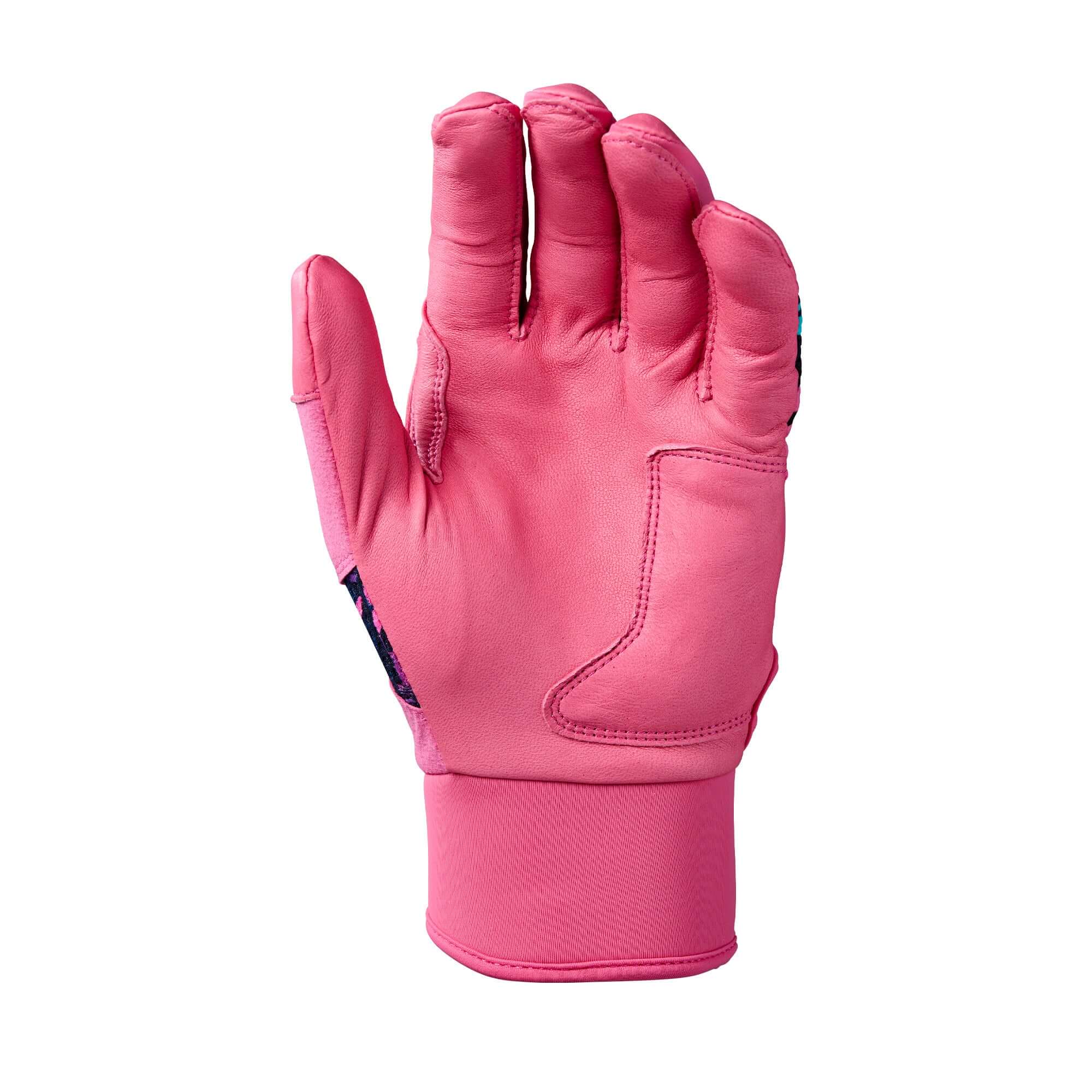 Palm view of Evoshield X-SRZ Miami Vice Adult Carbyne Batting Glove in Hot Pink/Black.
