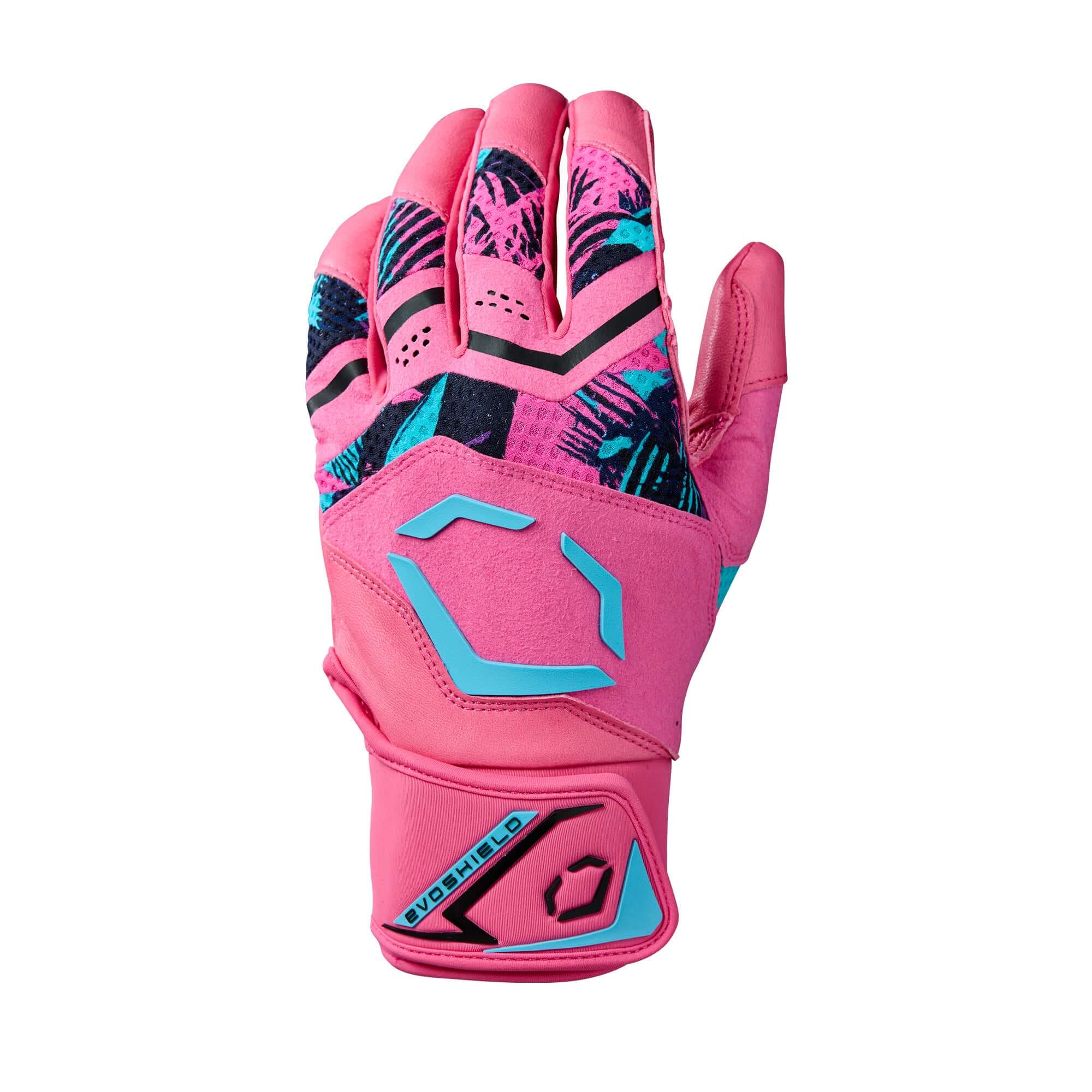 Backhand view of Evoshield X-SRZ Miami Vice Youth Carbyne Batting Glove, Hot Pink/Black color.