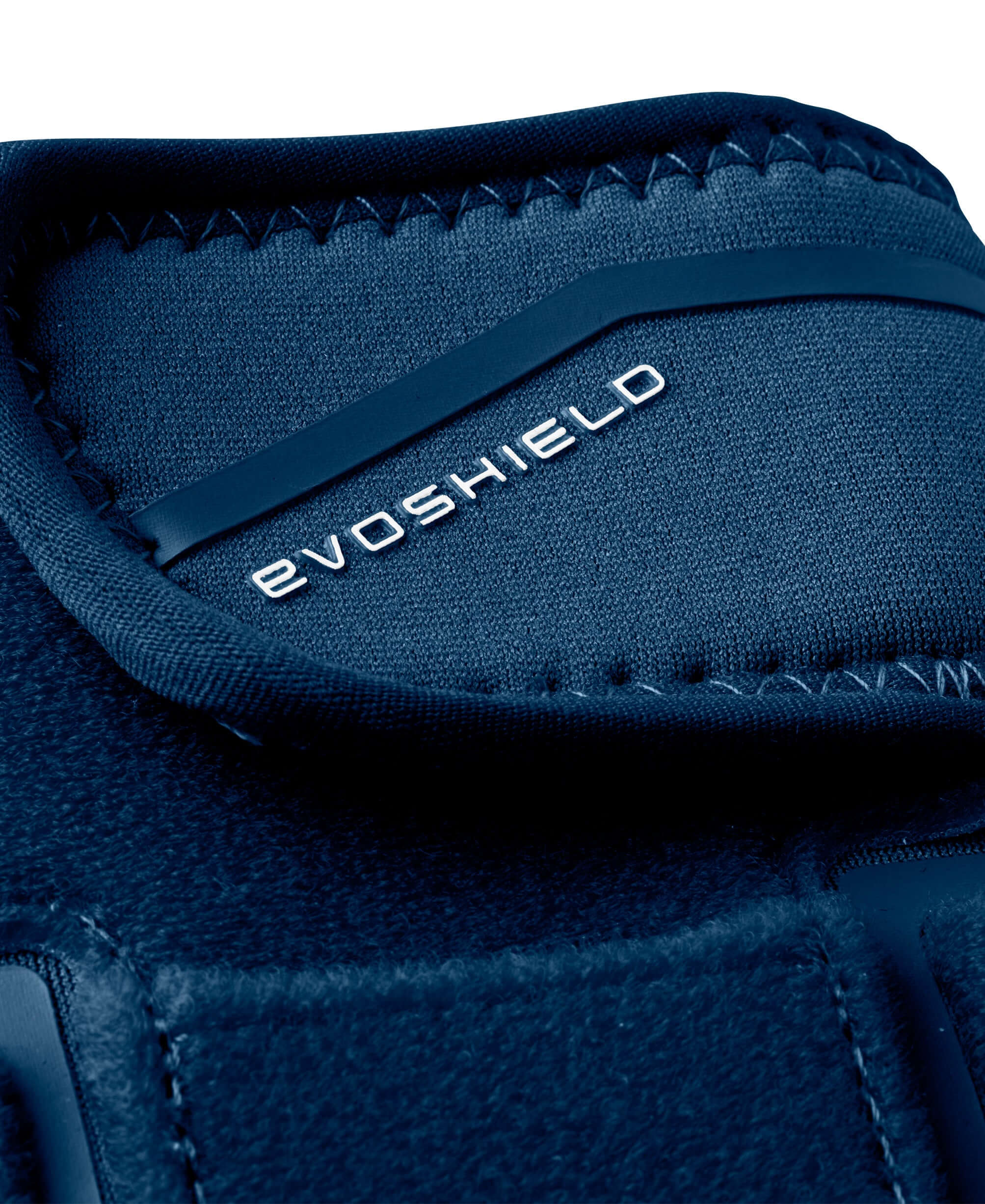 Close-up of EvoShield Shorty Sliding Mitt 2.0 showing wrist strap with logo detail in navy color.