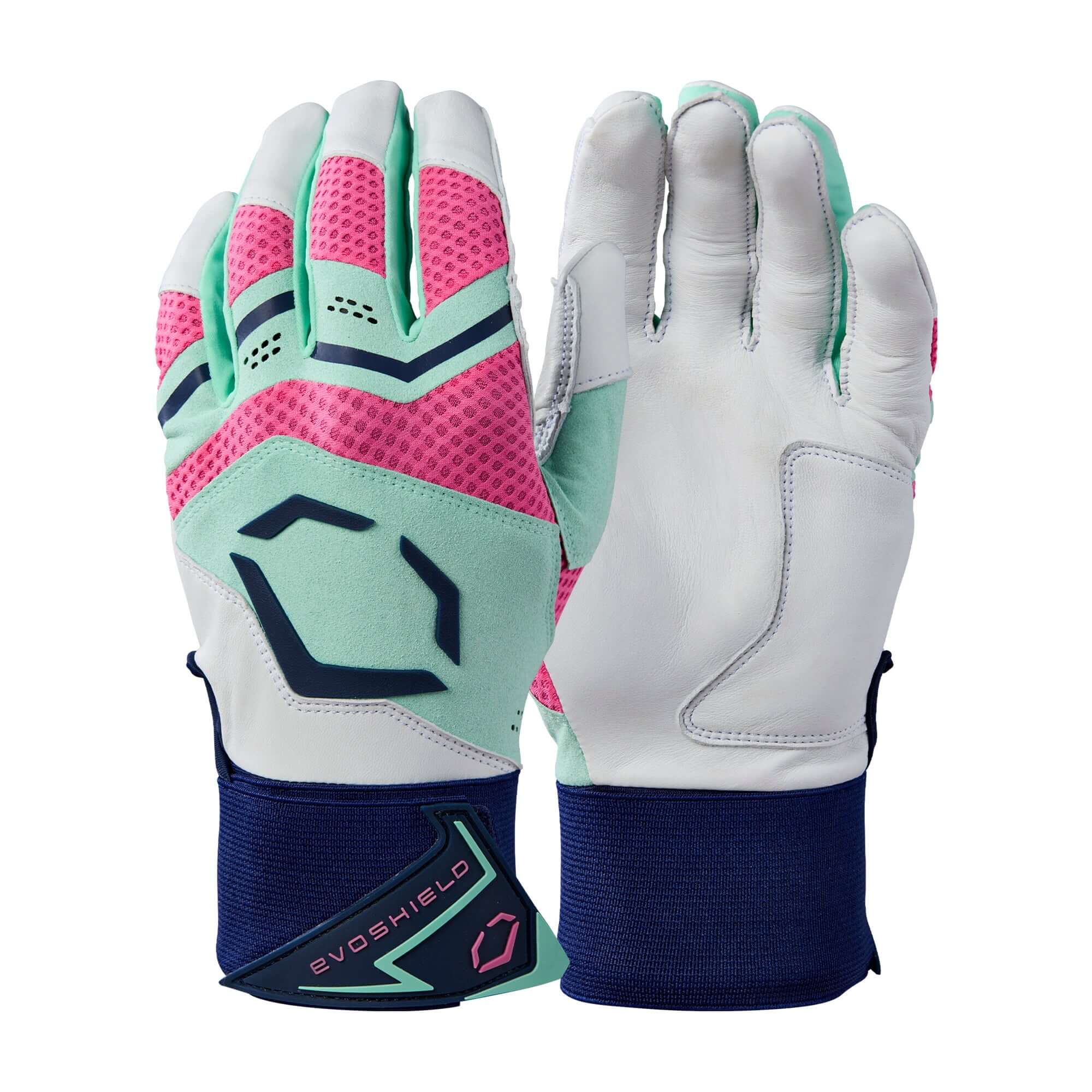 Evoshield Adult Carbyne Batting Gloves - Navy/Seafoam/Pink, showing front palm and durable leather backhand design.
