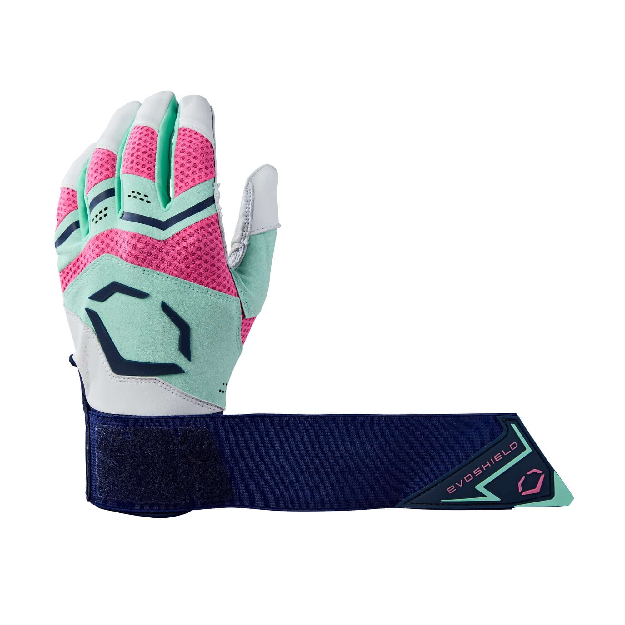 Evoshield Carbyne glove's back hand in navy with neoprene cuff and wrist strap for grip stability.