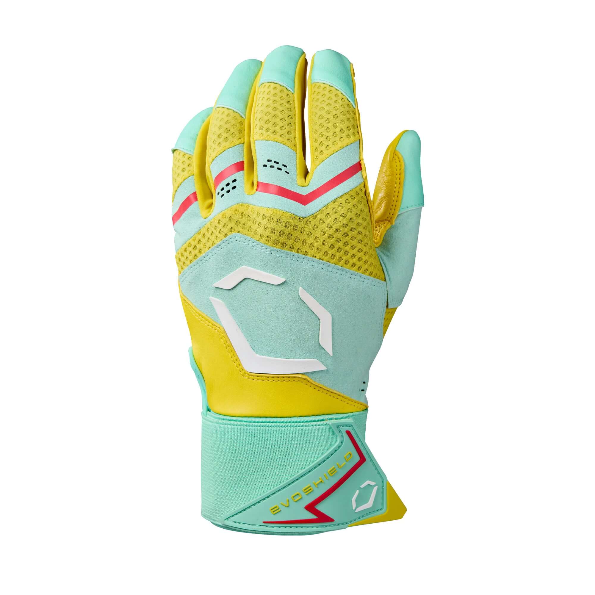 Evoshield Youth Carbyne Batting Gloves in yellow, seafoam, and red, crafted for superior grip and durability.