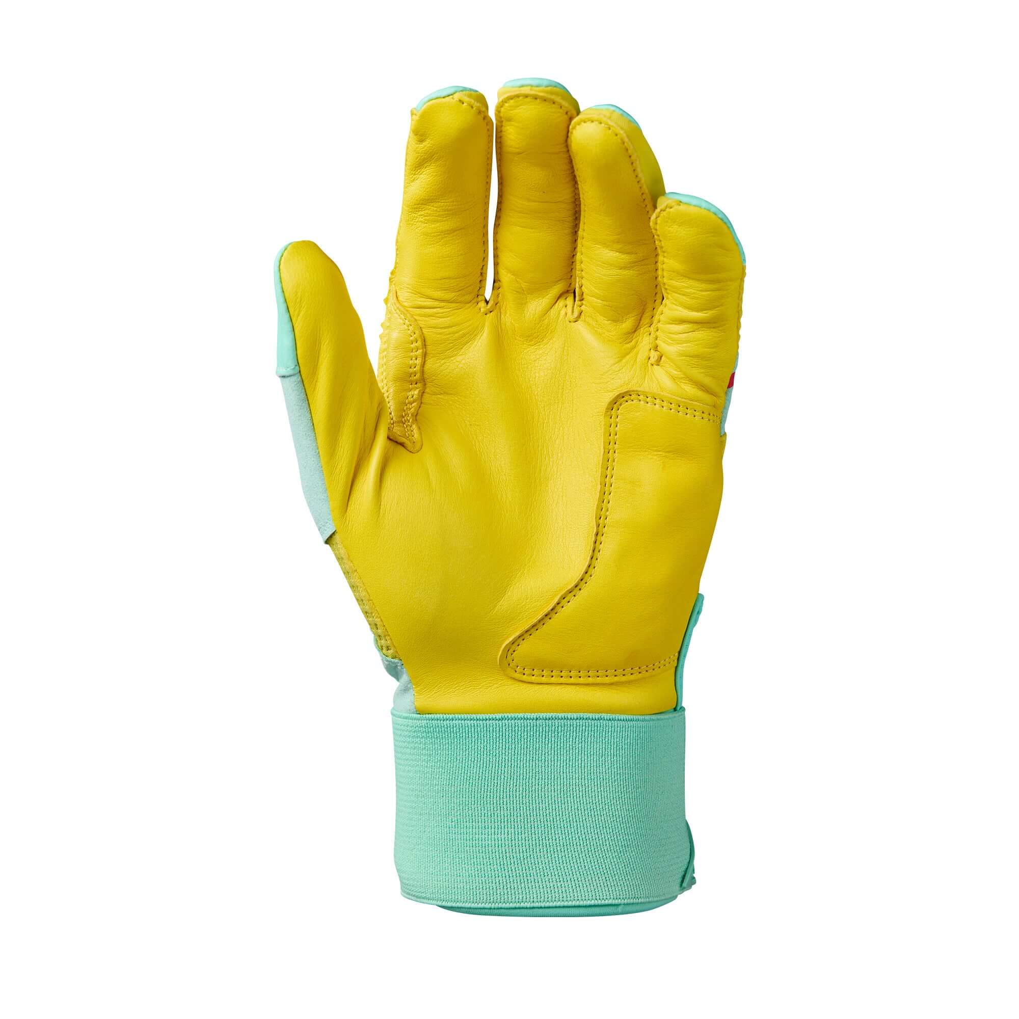 Evoshield Youth Carbyne Batting Gloves in yellow and seafoam green, featuring a soft Cabretta Leather palm for grip and flexibility.