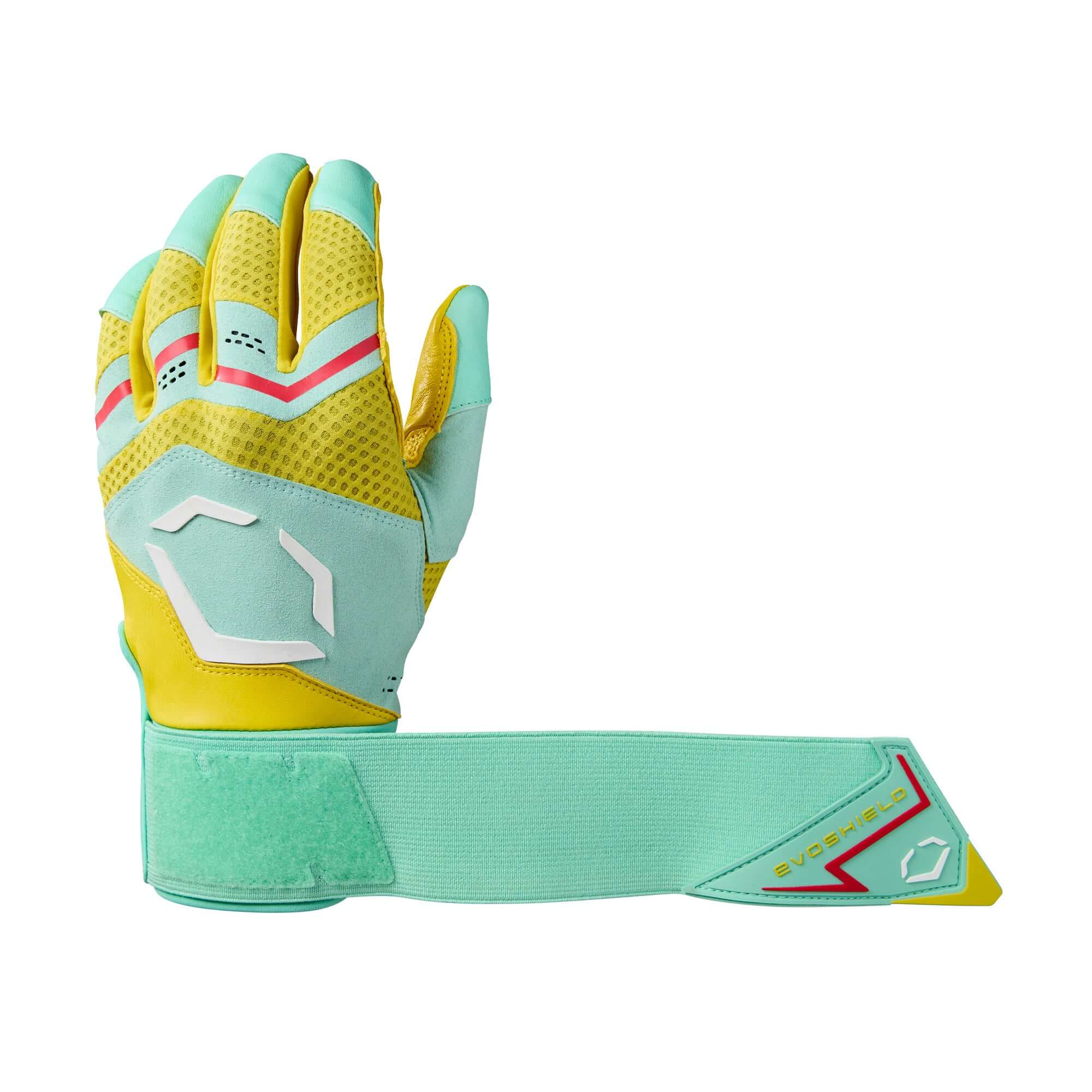 Evoshield Youth Carbyne Batting Gloves in Yellow, Seafoam, and Red with strap designed for better grip and performance.