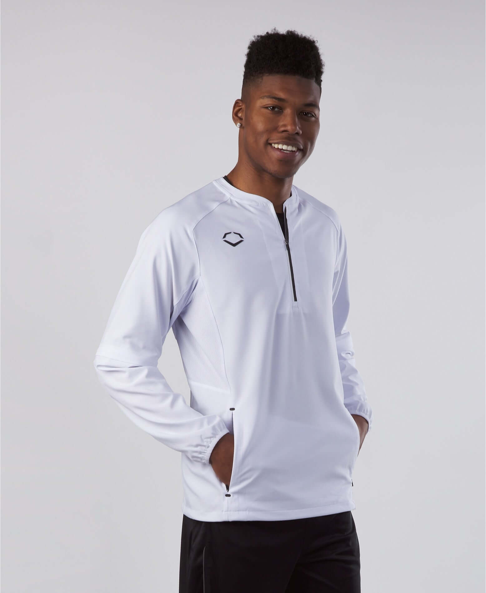 Evoshield Adult Long Sleeve BP Jacket in Team White, featuring removable sleeves and a relaxed fit for comfort and style.