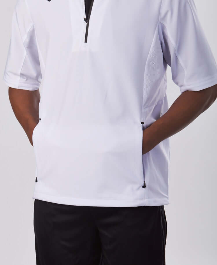 Evoshield Adult Long Sleeve BP Jacket in Team White, featuring removable sleeves and relaxed fit for comfort and performance.