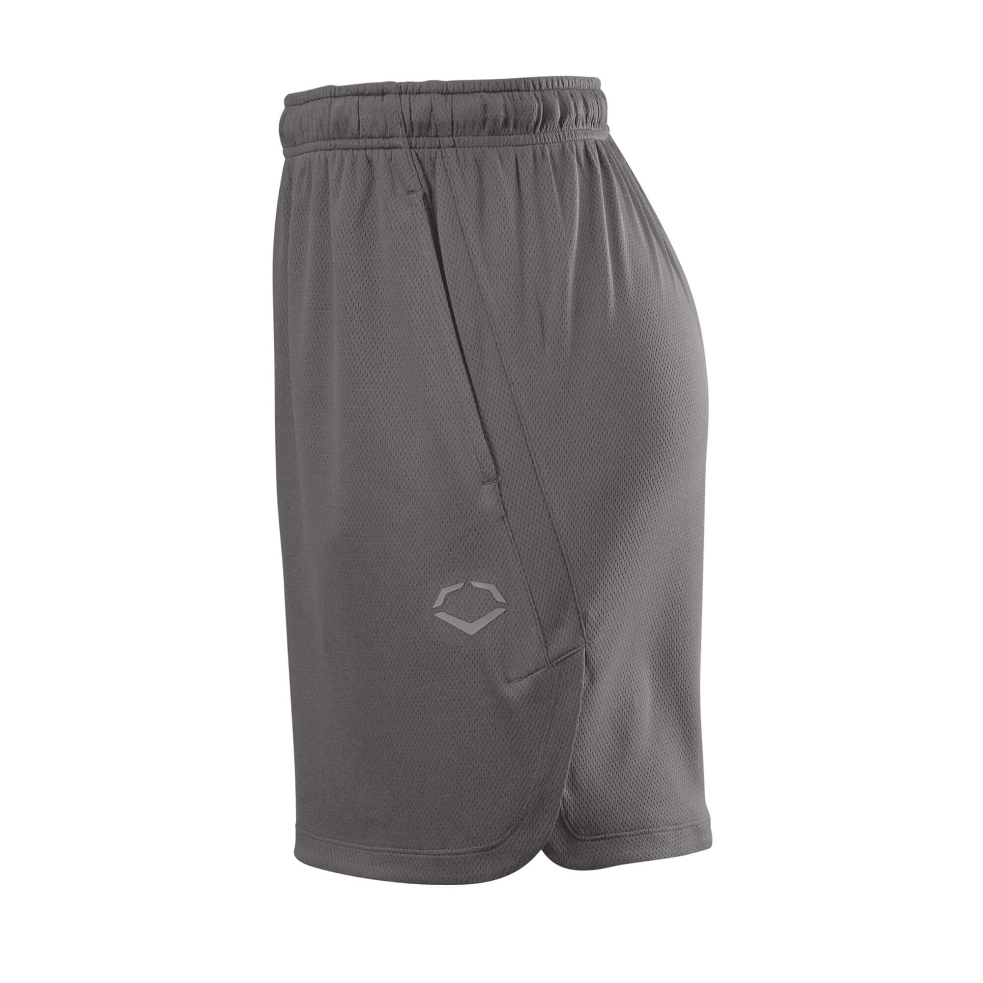Evoshield Men's Pro Team Training Short 2.0 in charcoal, lightweight polyester, featuring adjustable waistband and side pockets.