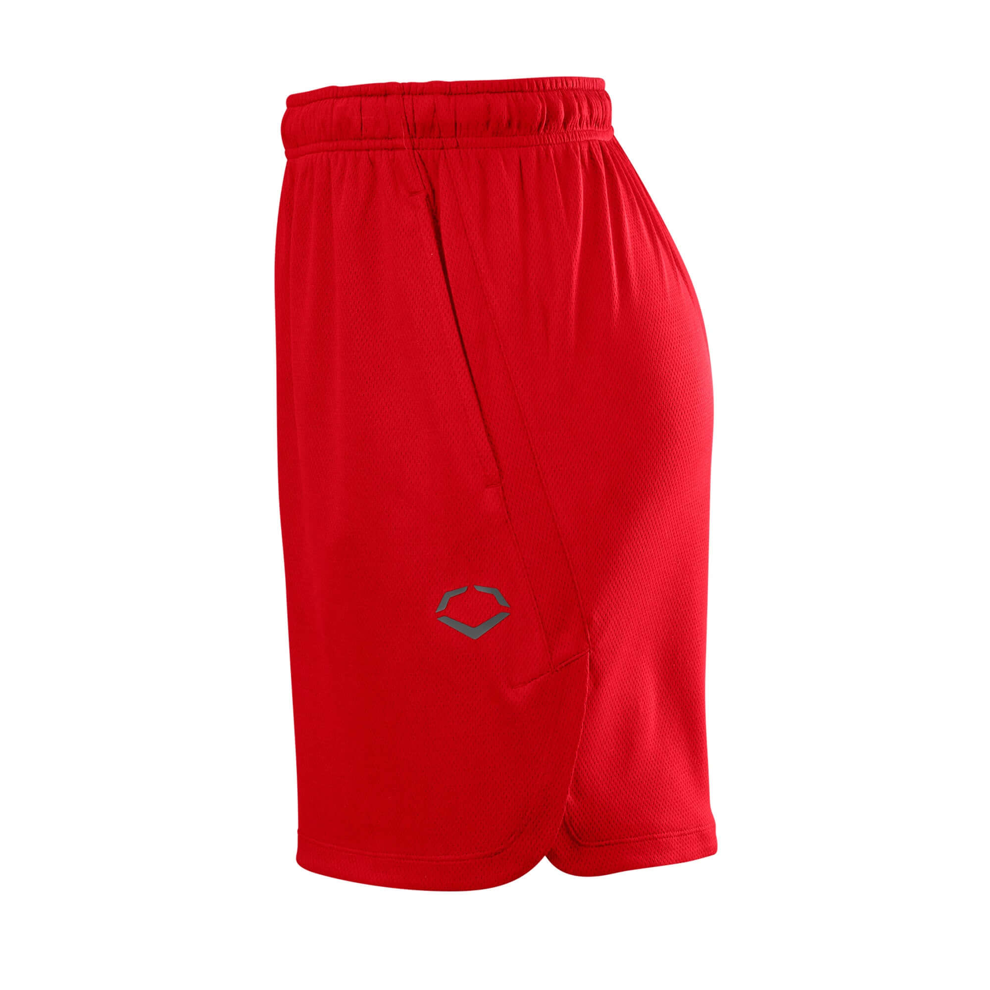 Evoshield Men's Pro Team Training Short 2.0 in scarlet red, featuring a plush waistband and side vents for comfort and breathability.
