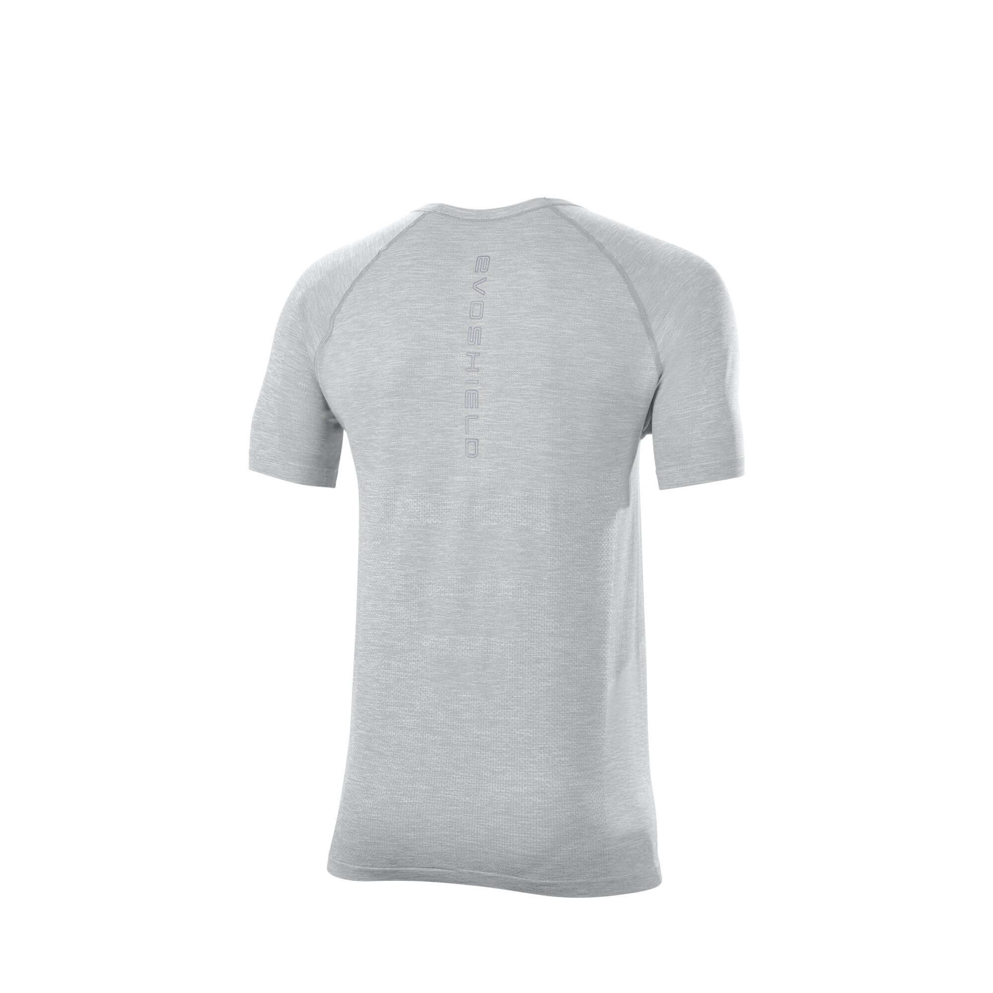 Evoshield Men's Seamless Training Tee in Pebble, showing back view with athletic fit and reflective logo detail.