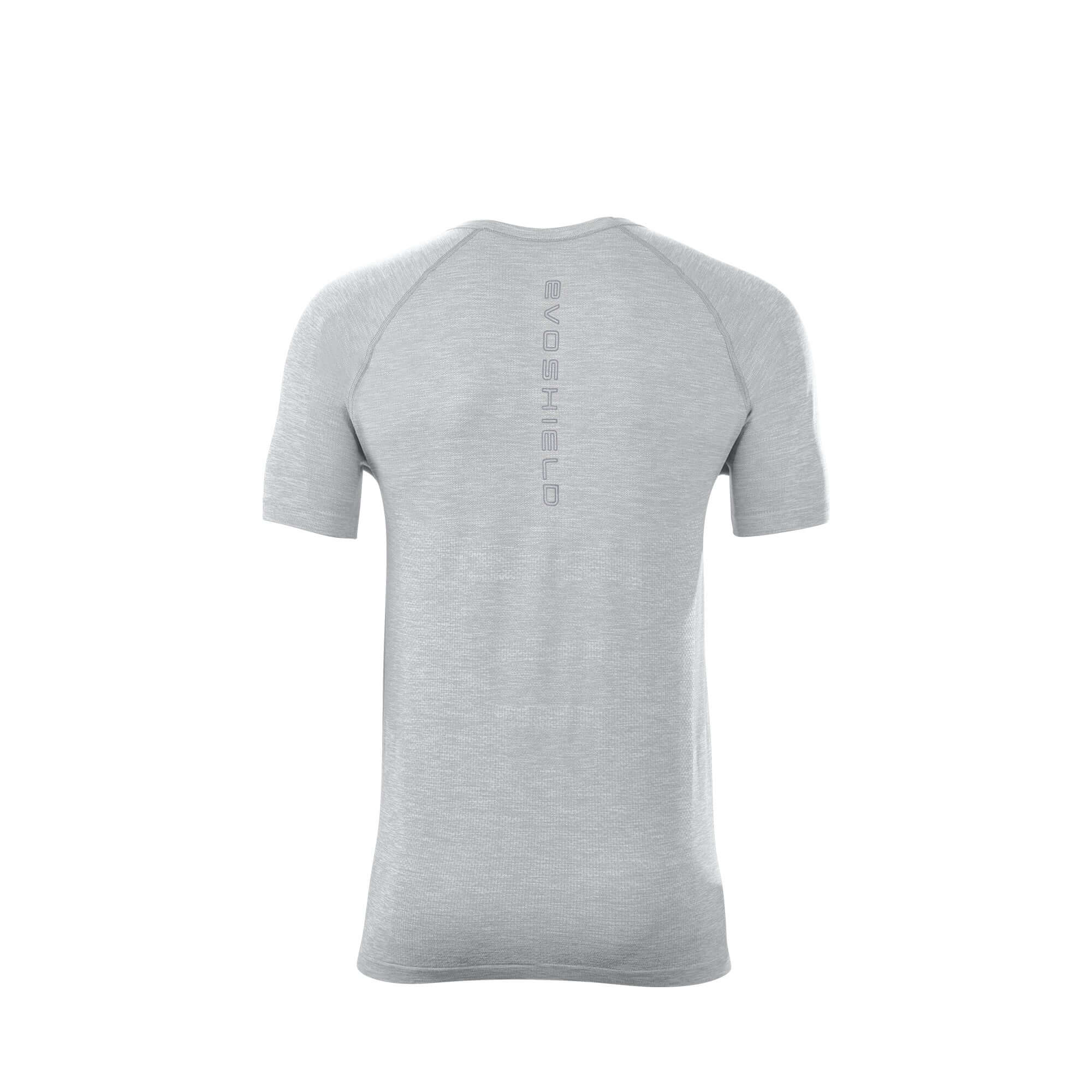 Evoshield Men's Seamless Training Tee in Pebble color, showcasing the back design and reflective logo detail.