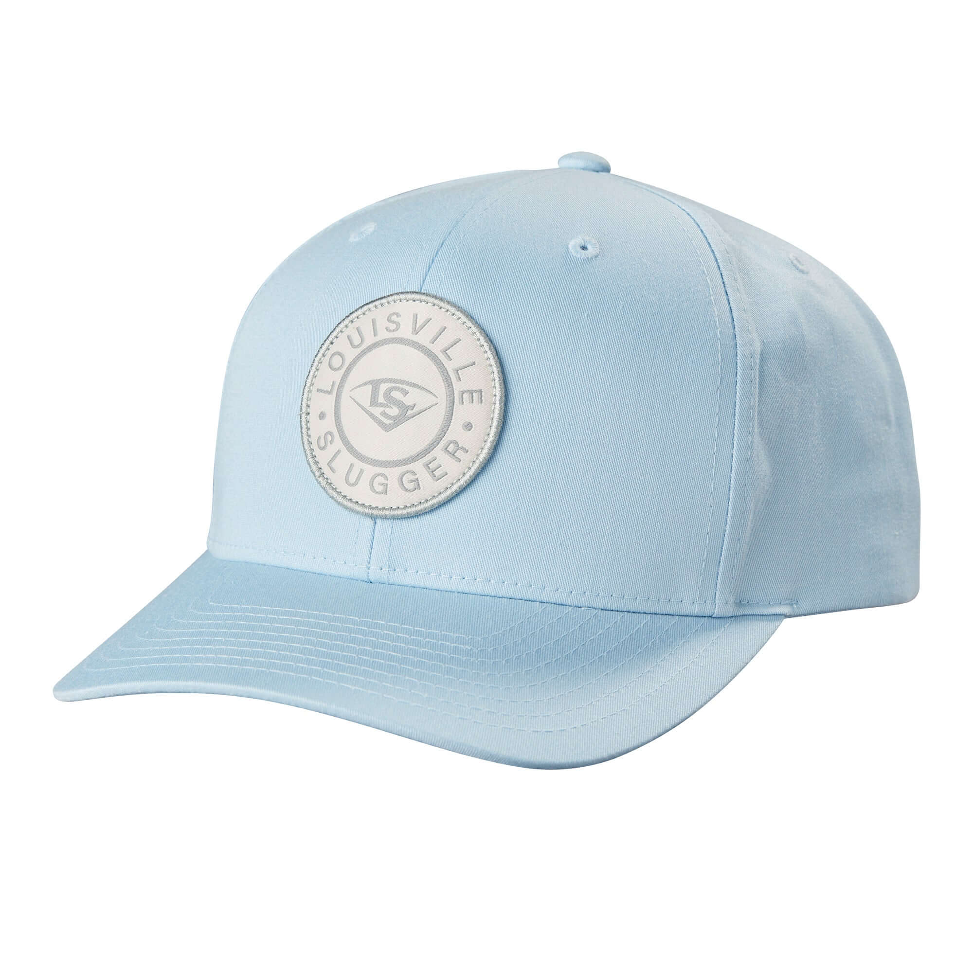 Louisville Slugger Circle Patch Ice Snapback Hat in Columbia Blue, MidPro shape with precurved visor