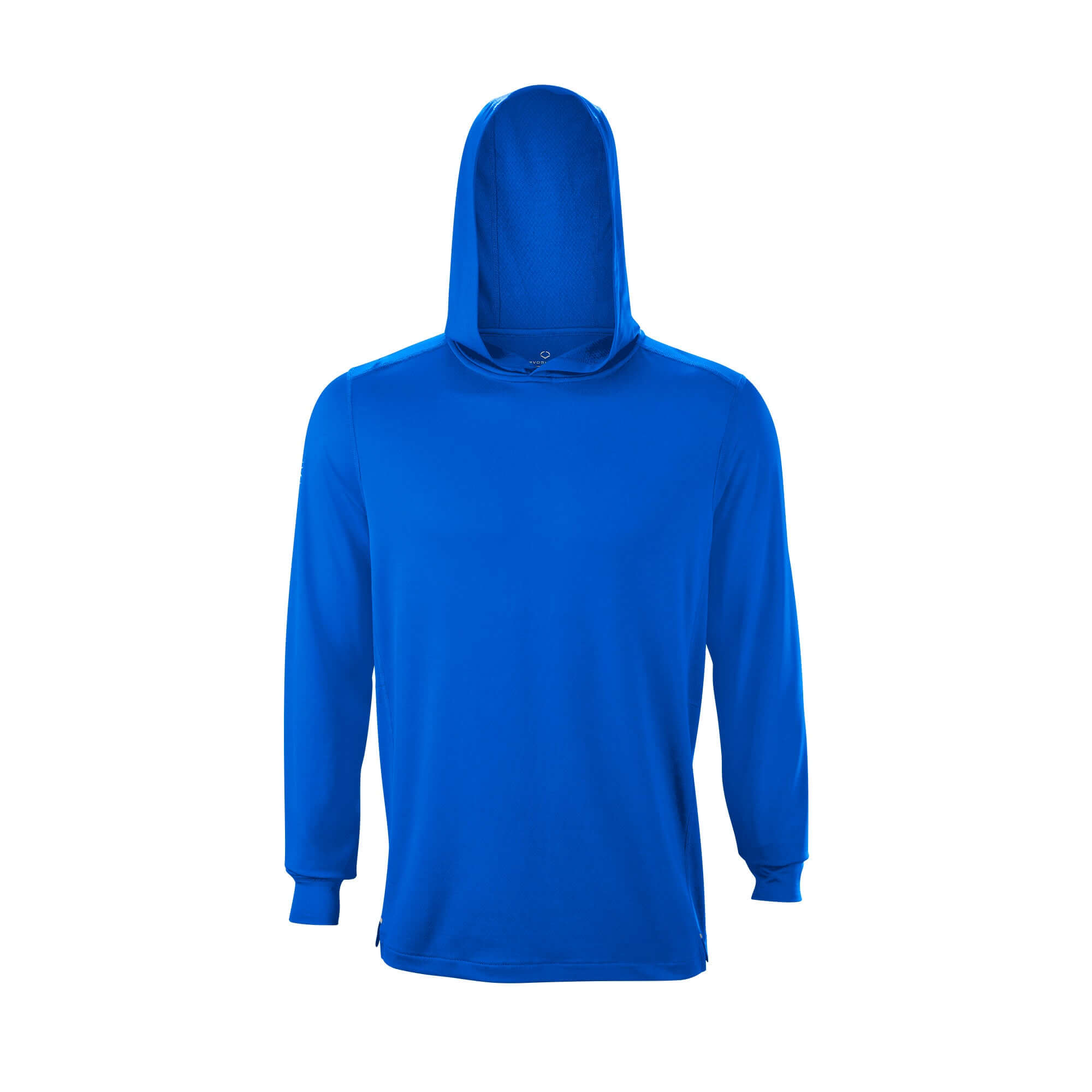 Front view of Evoshield Adult Lightweight Training Hoodie 2.0 in blue, showcasing its slim fit and hood design.