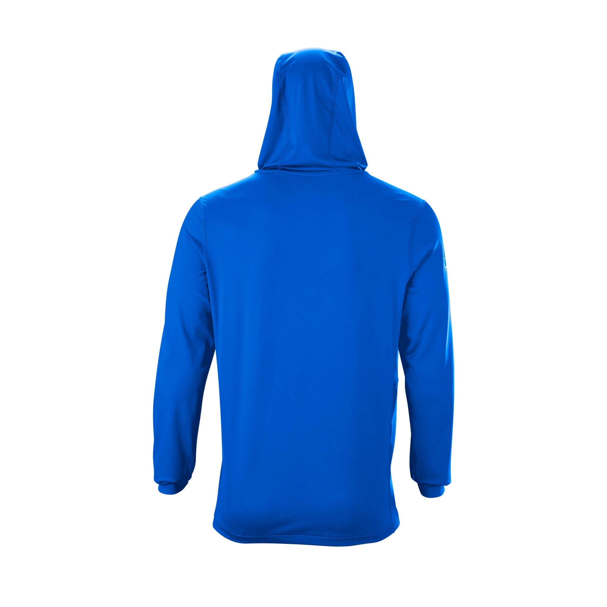 Back view of Evoshield Adult Lightweight Training Hoodie 2.0 in blue, featuring a slim fit and hood design.