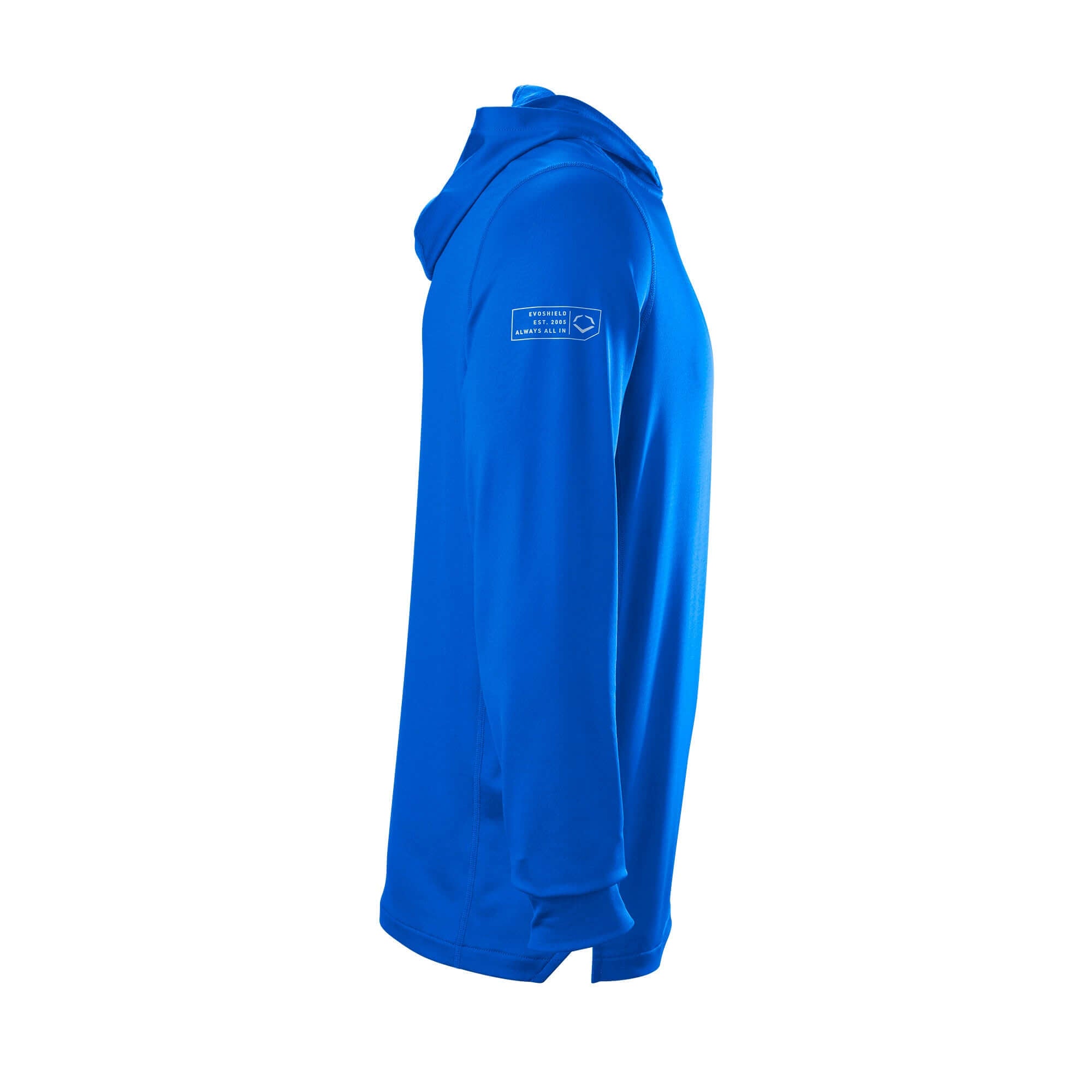 Side view of Evoshield Adult Lightweight Training Hoodie 2.0 in blue, featuring a slim fit and flexible design for athletes.