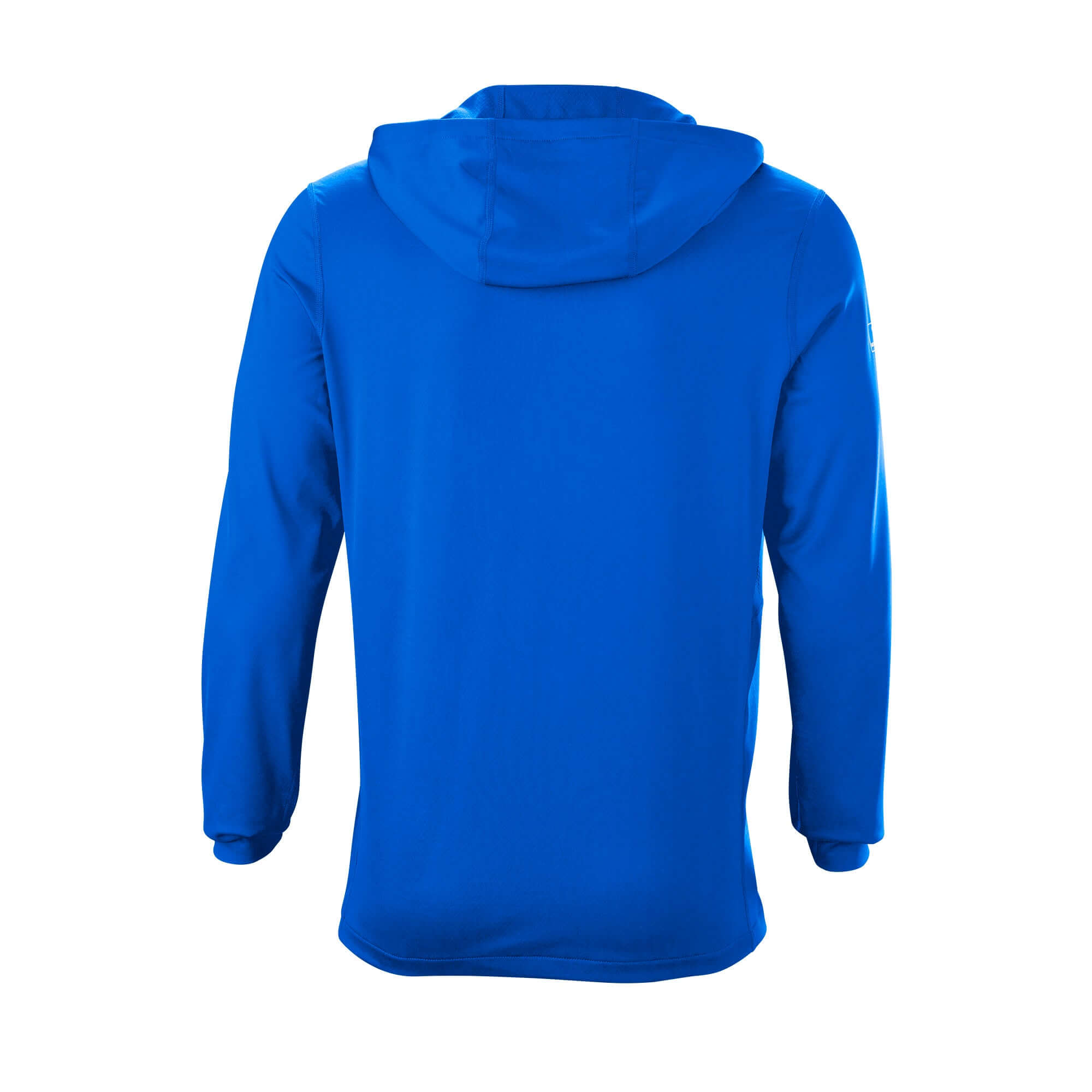 Back view of the Evoshield Adult Lightweight Training Hoodie 2.0 in blue, showcasing its sleek design and comfortable fit.
