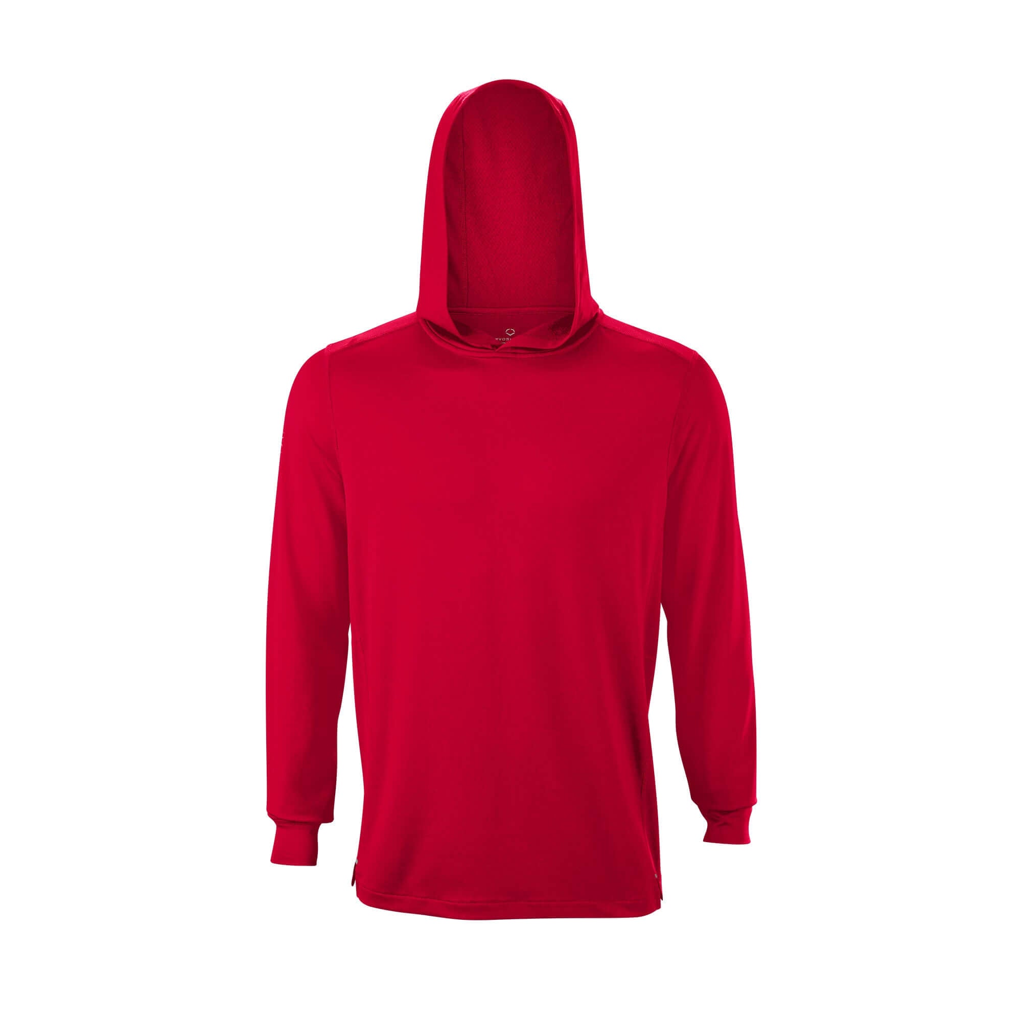 Front view of Evoshield Adult Lightweight Training Hoodie 2.0 in red, designed for versatile athletic performance.