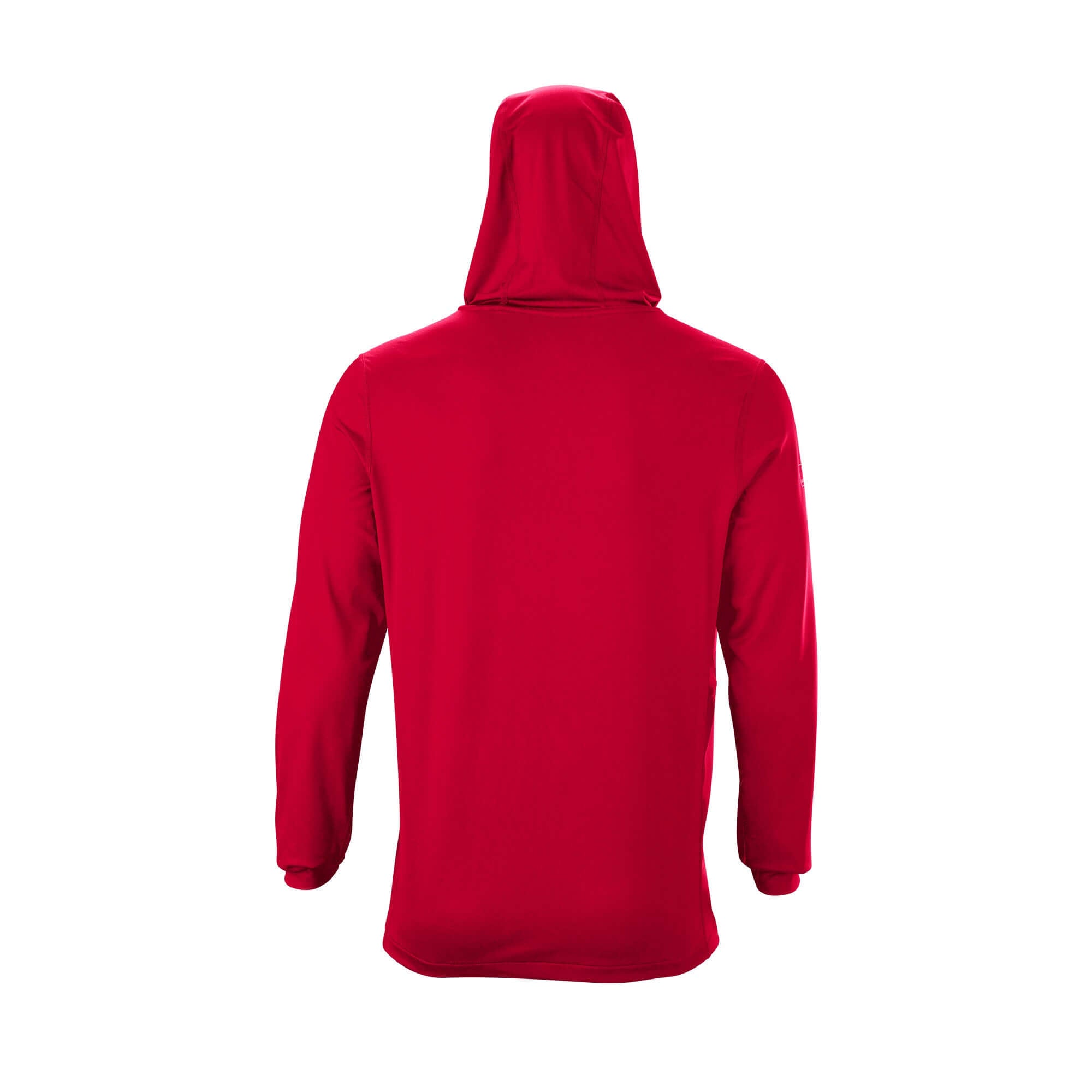 Back view of Evoshield Adult Lightweight Training Hoodie 2.0 in red, showcasing flexible fit and design.